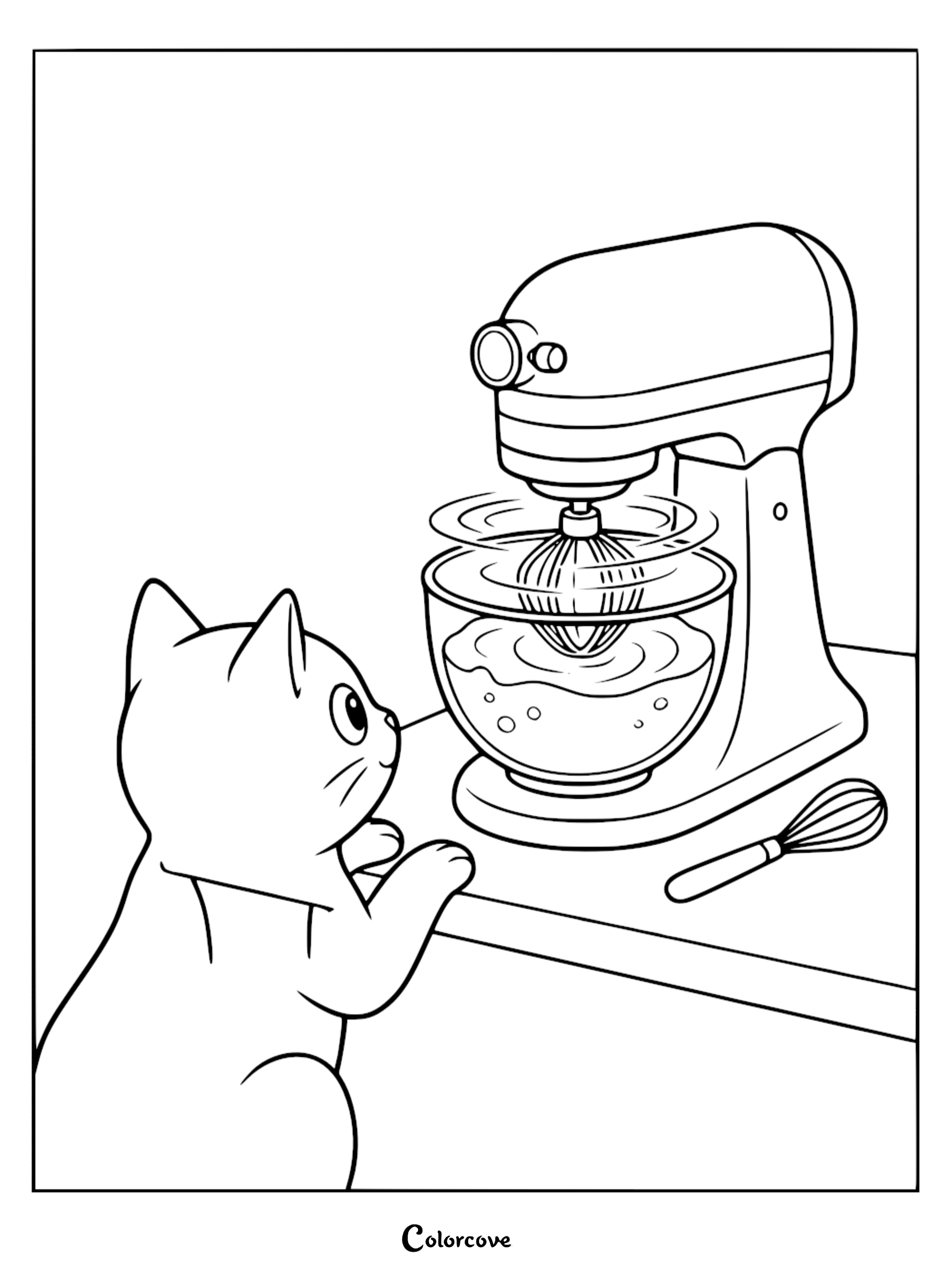 A cute cartoon cat watching a kitchen stand mixer whisking batter in a bowl, printable coloring page for kids and cat lovers.