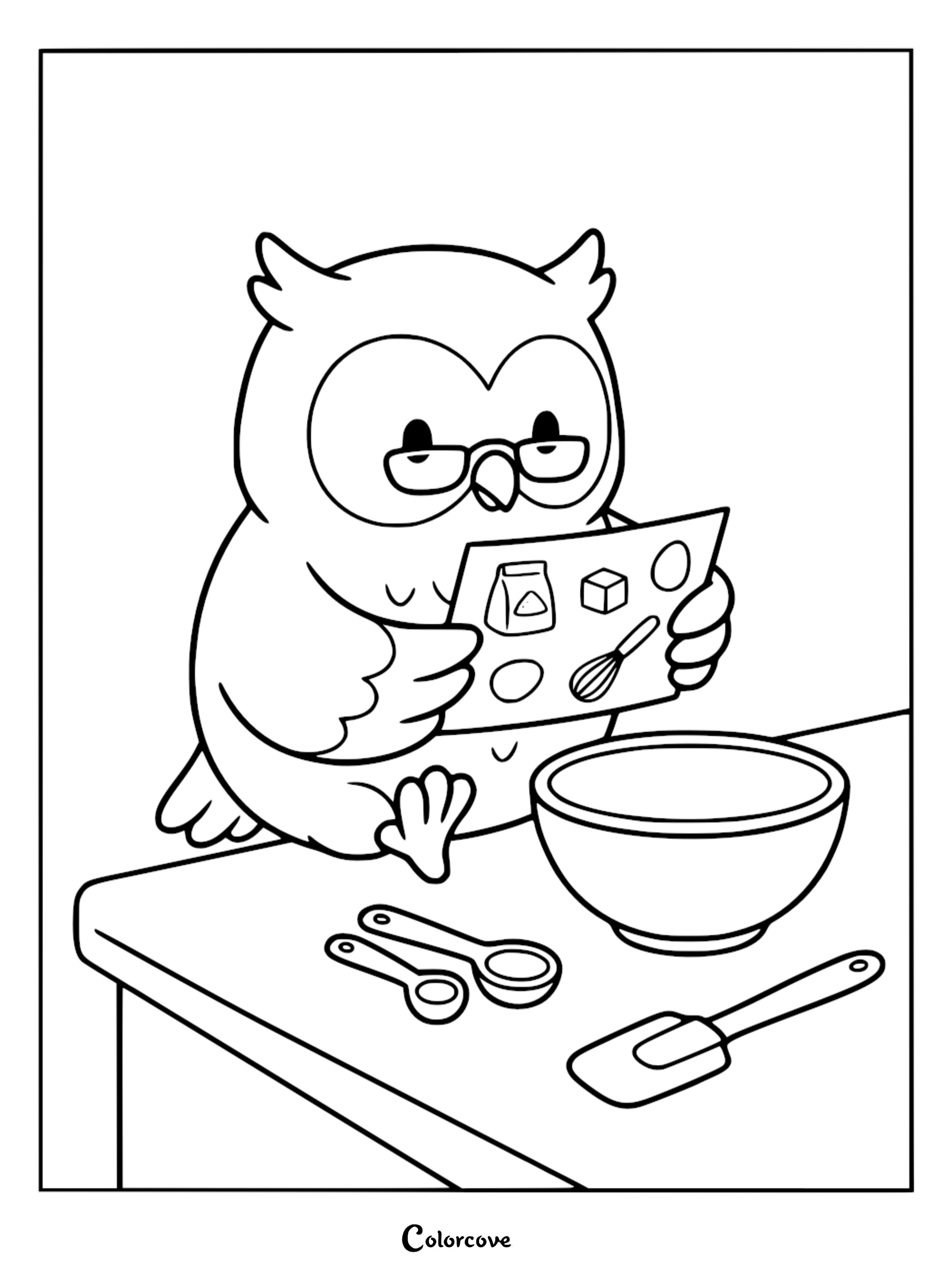 A cute owl wearing glasses reading a recipe card while baking in a kitchen, free printable coloring page for kids.