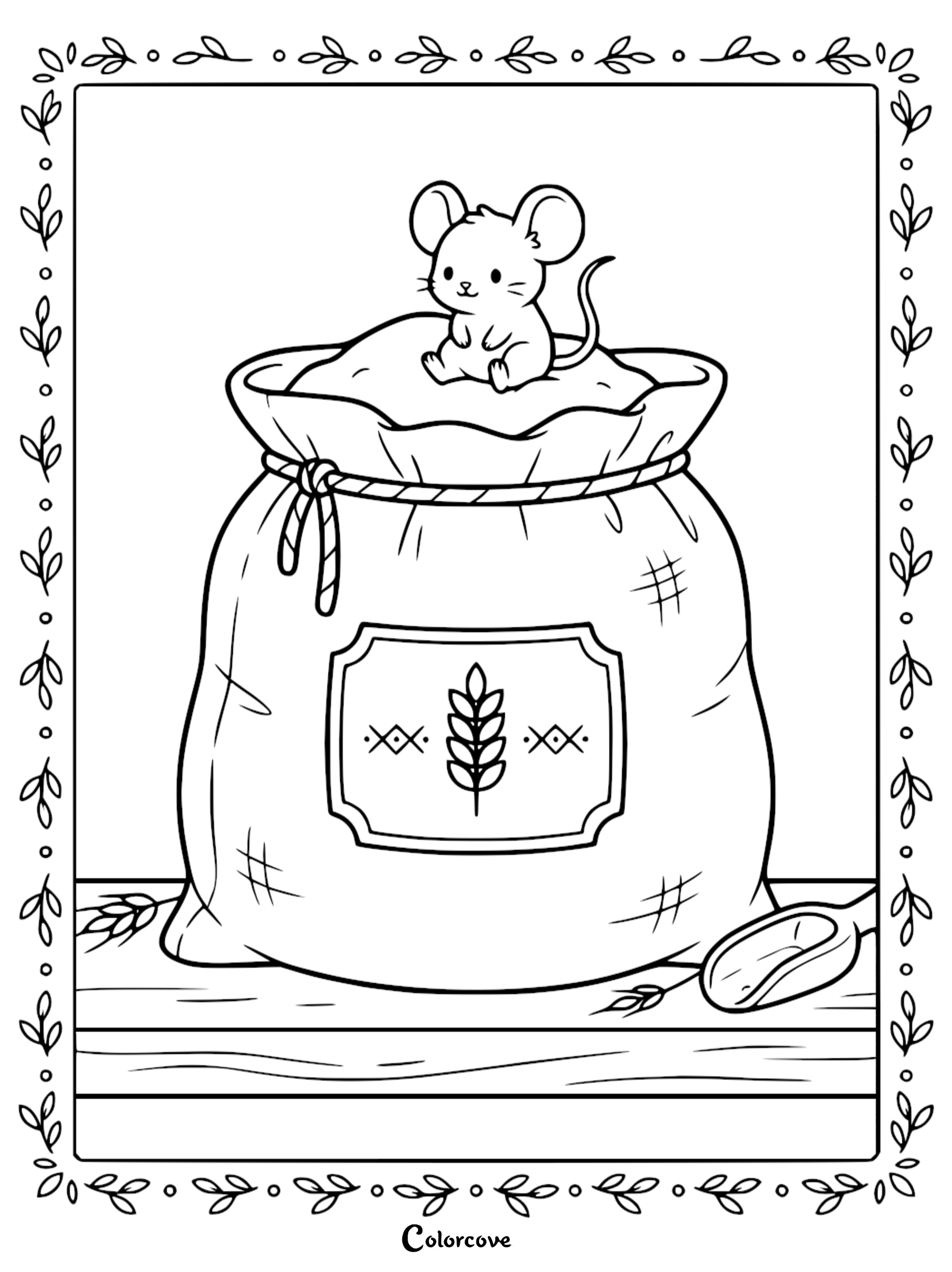 A printable coloring page featuring an adorable cartoon mouse sitting on top of a large burlap grain sack with a scoop nearby.