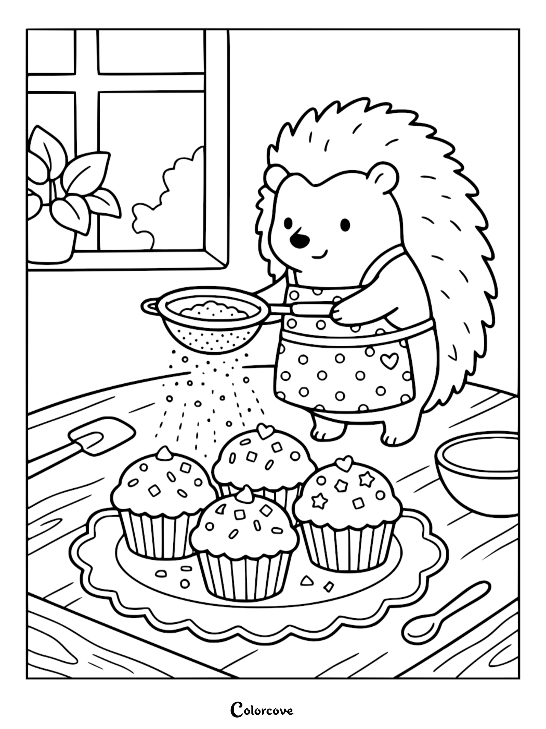 A cute hedgehog wearing an apron sifting sugar onto freshly baked muffins in a cozy kitchen setting, printable coloring page for children.