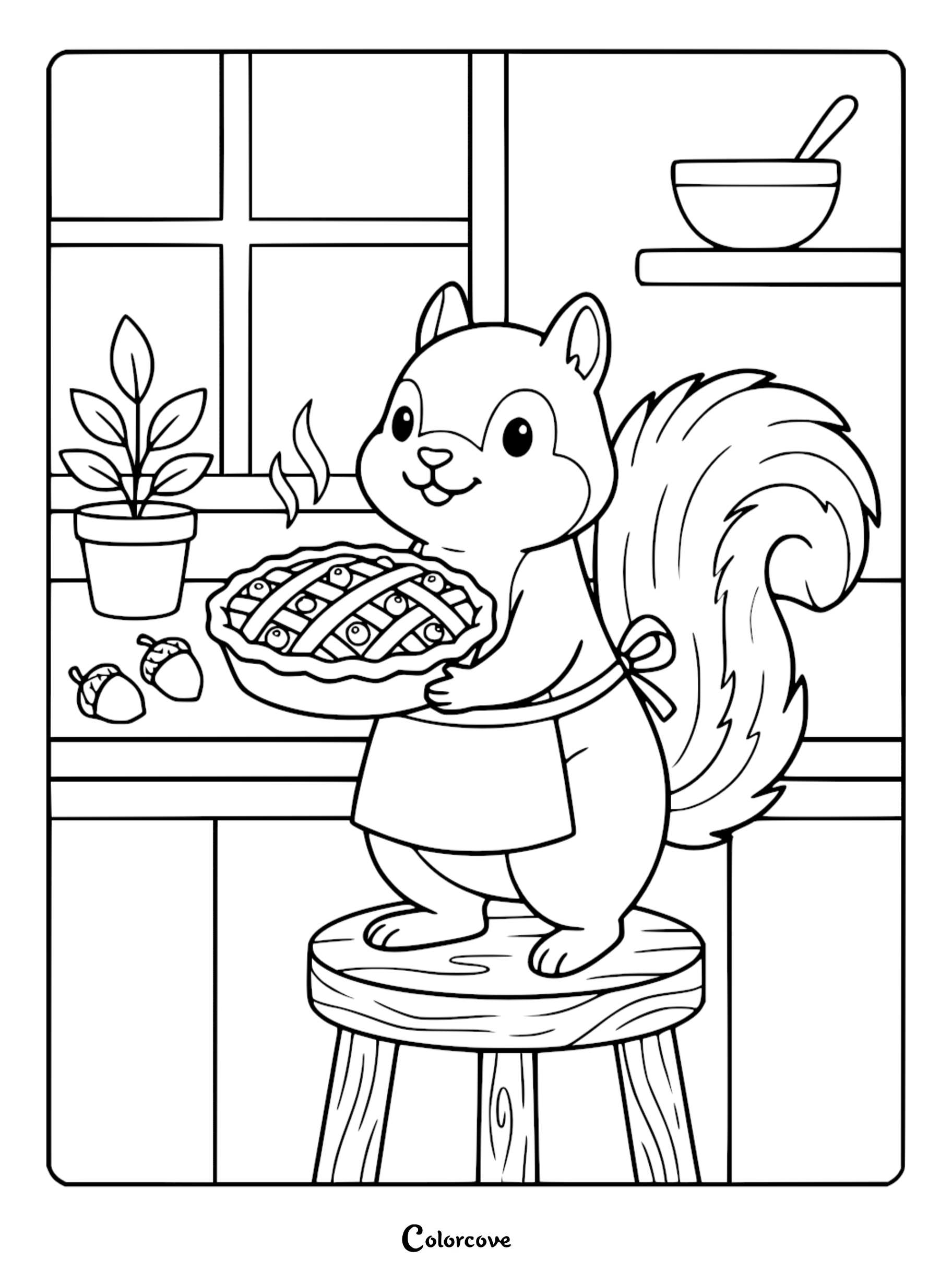 A cute squirrel wearing an apron baking a fresh pie on a kitchen stool, printable line art for kids to color.