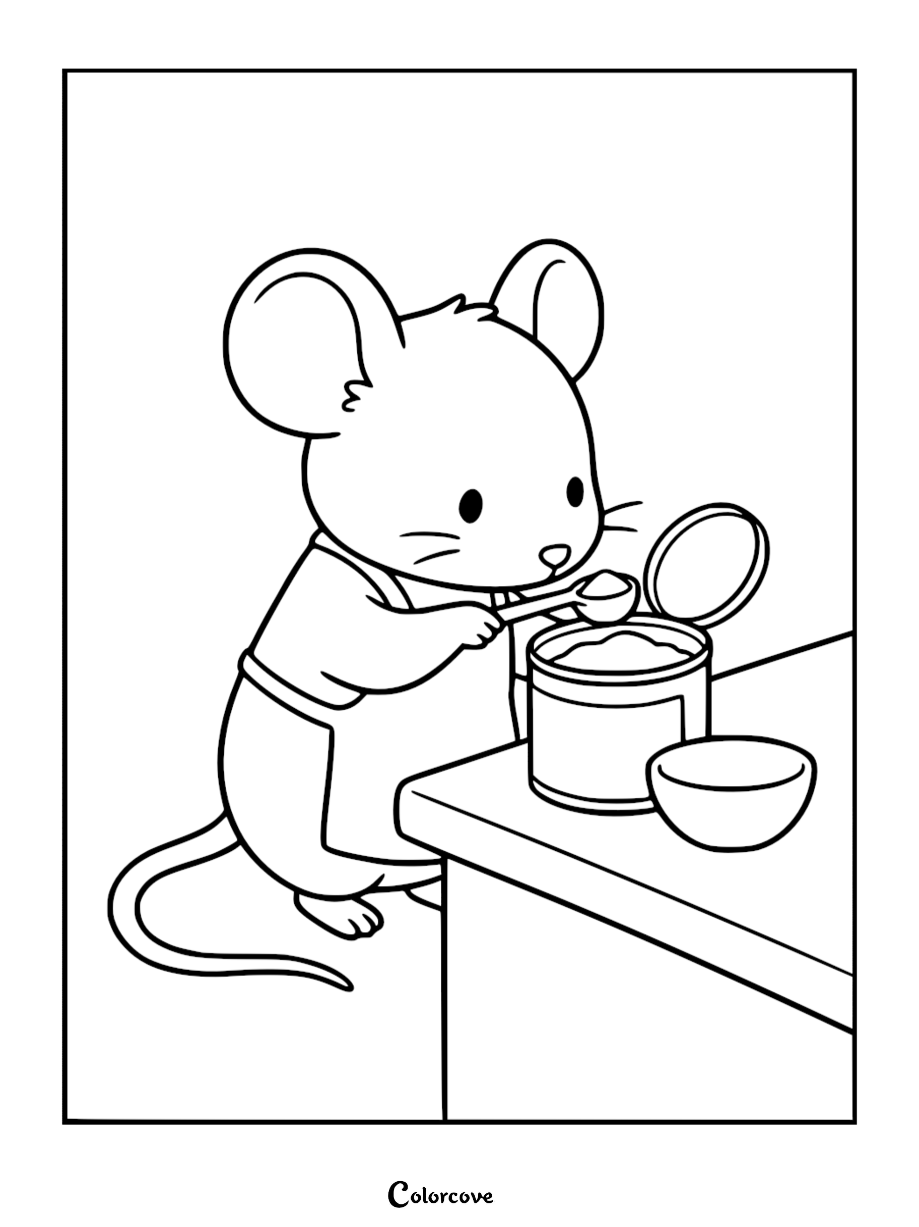 A cute cartoon mouse wearing an apron and measuring ingredients while baking, a fun animal coloring page for children.