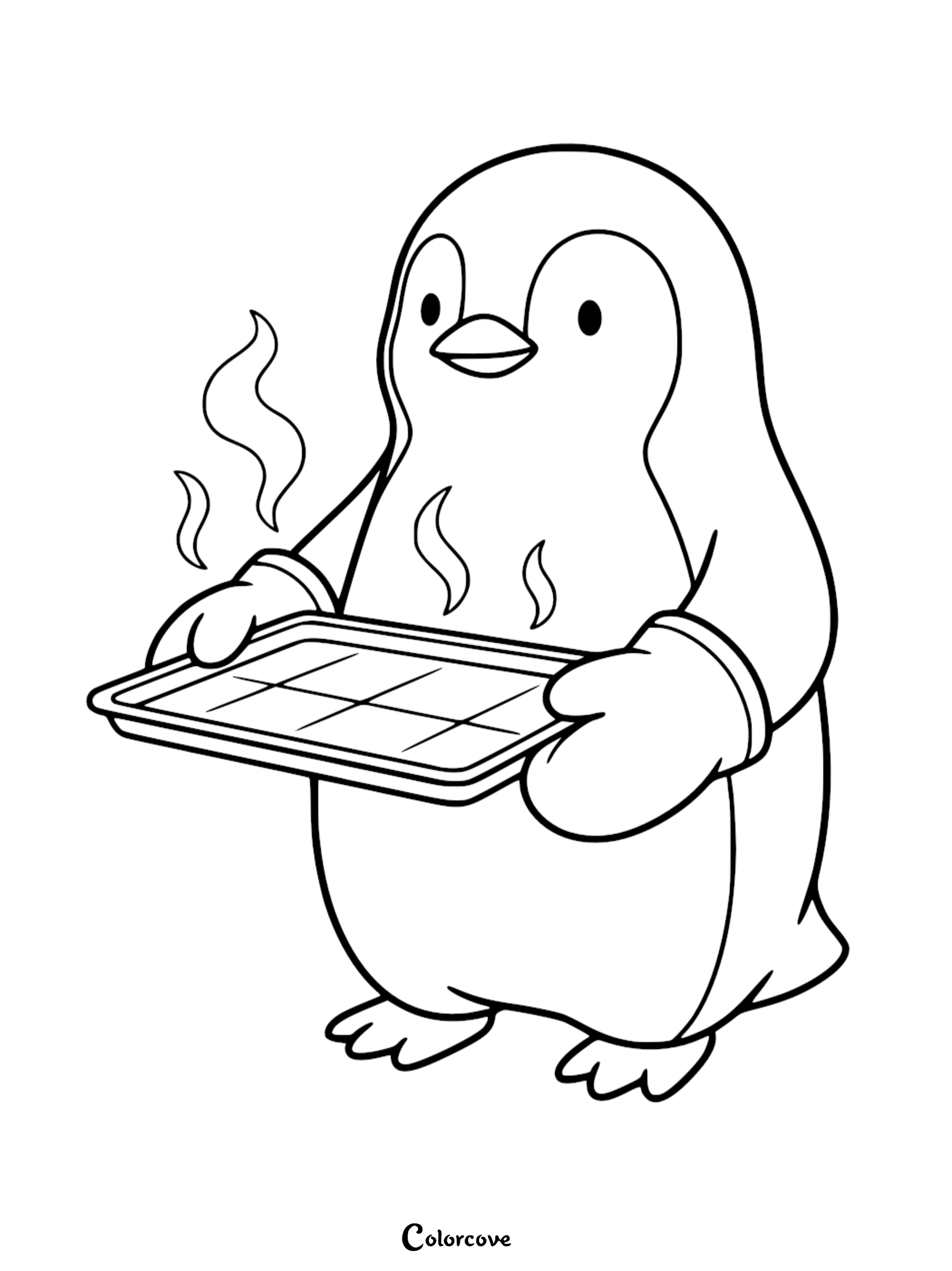 A cute penguin wearing oven mitts holding a steaming hot baking sheet, perfect for a fun printable coloring page for kids.