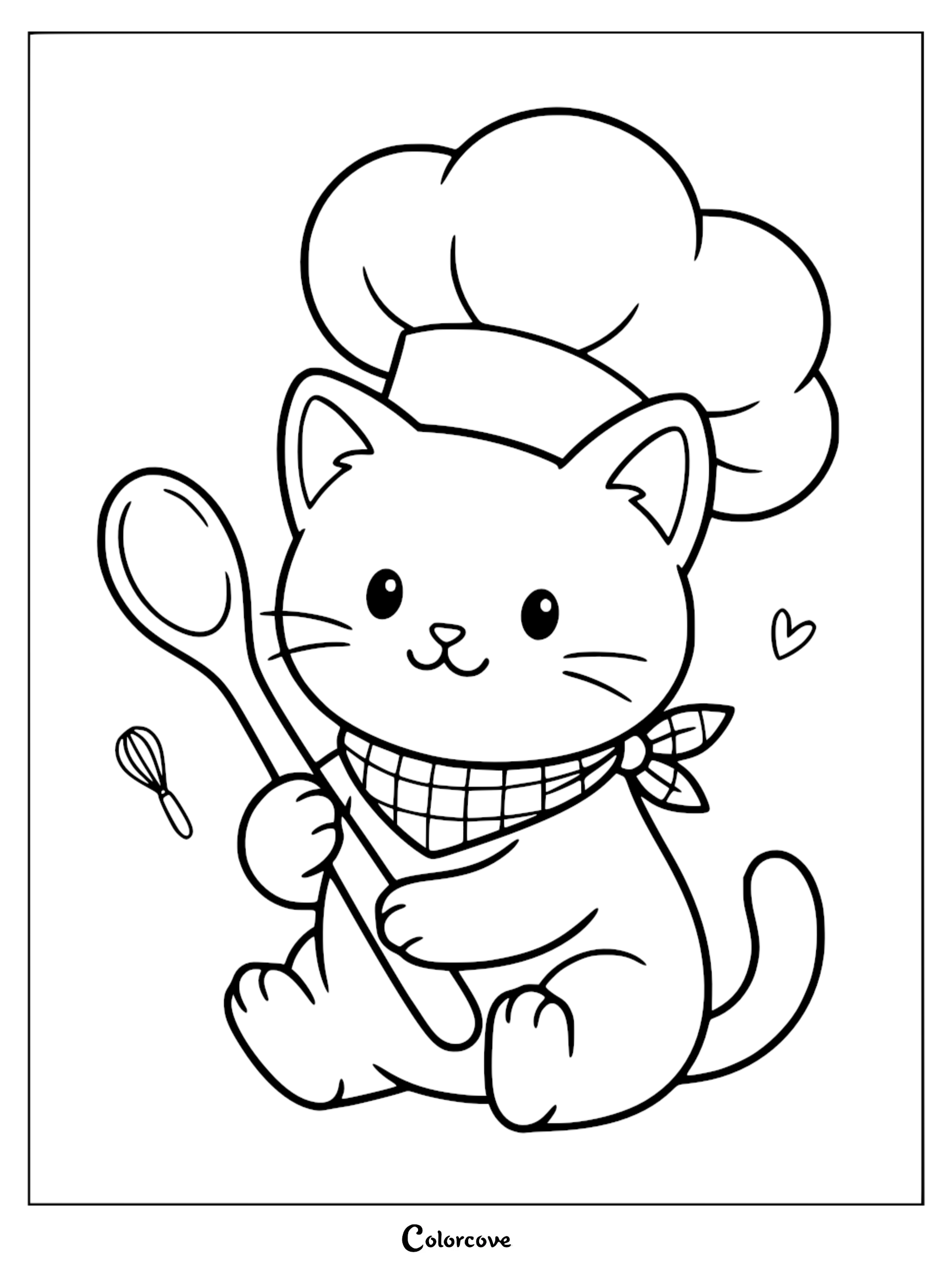 A cute cartoon cat wearing a chef hat and a bandana holding a wooden spoon for a fun cooking themed coloring page for kids