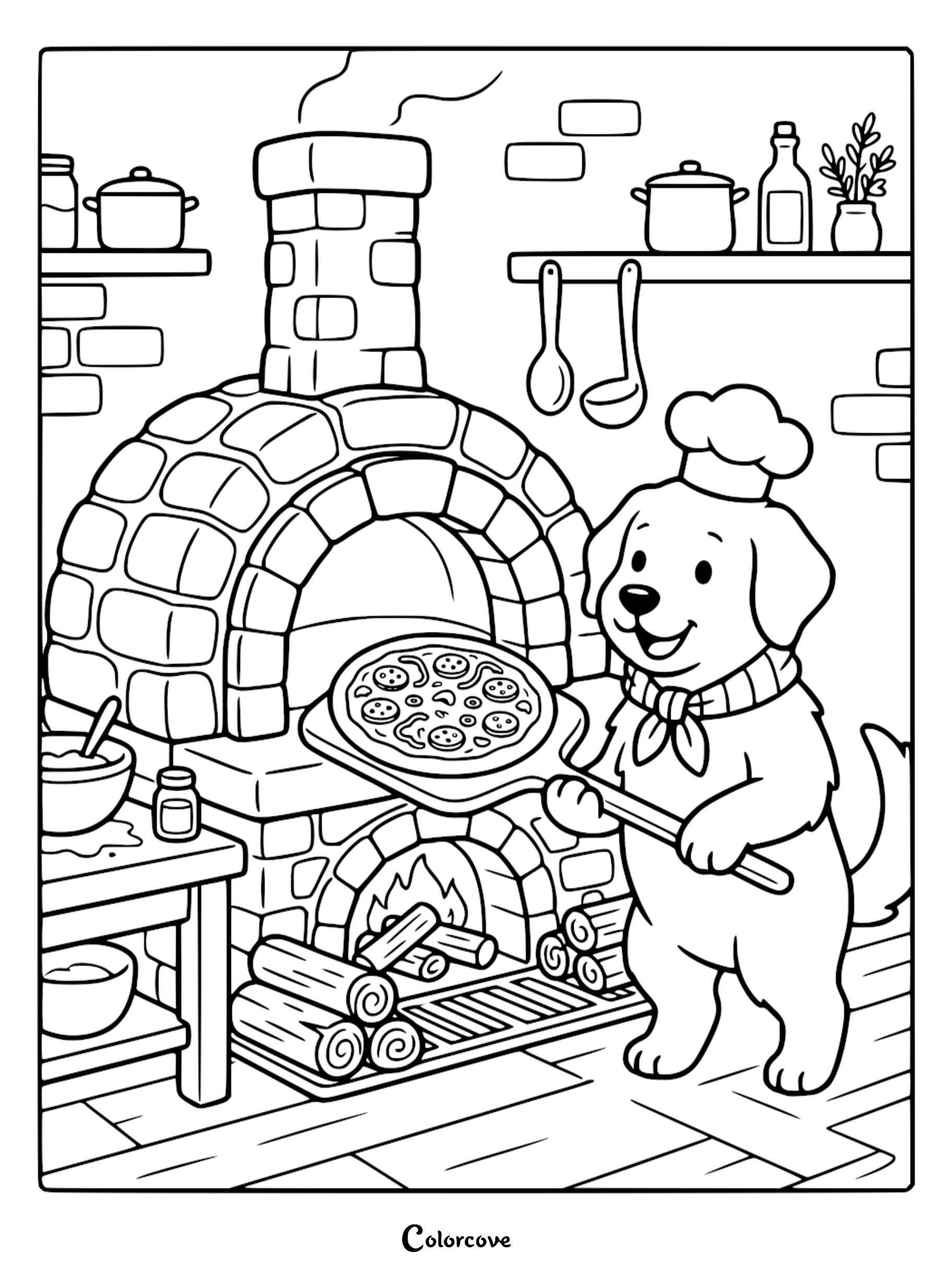 A cute cartoon dog wearing a chef hat putting a pepperoni pizza into a brick oven for kids to color.