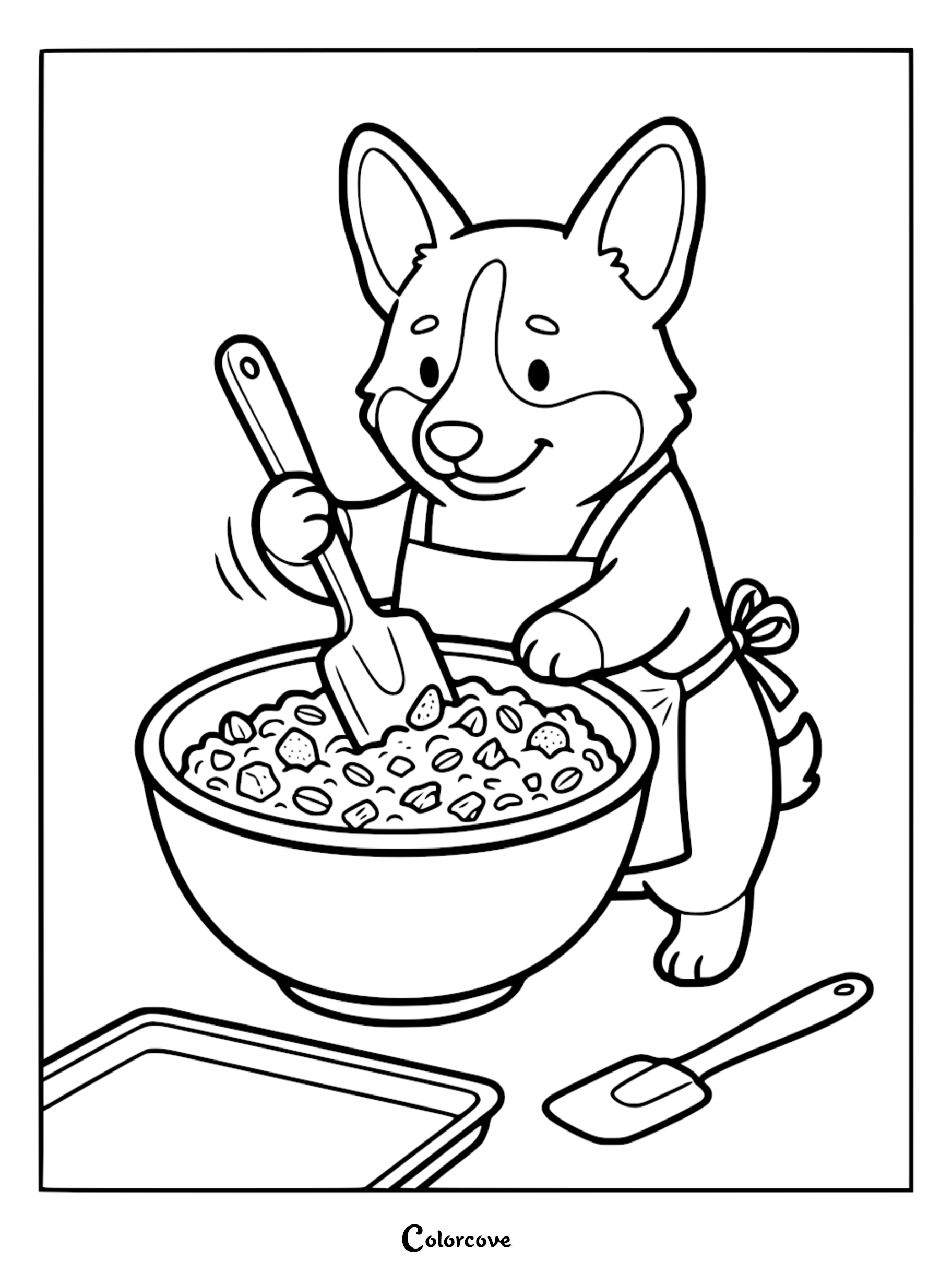 A cute Corgi dog wearing an apron and mixing cookie dough in a bowl, printable coloring page for kids
