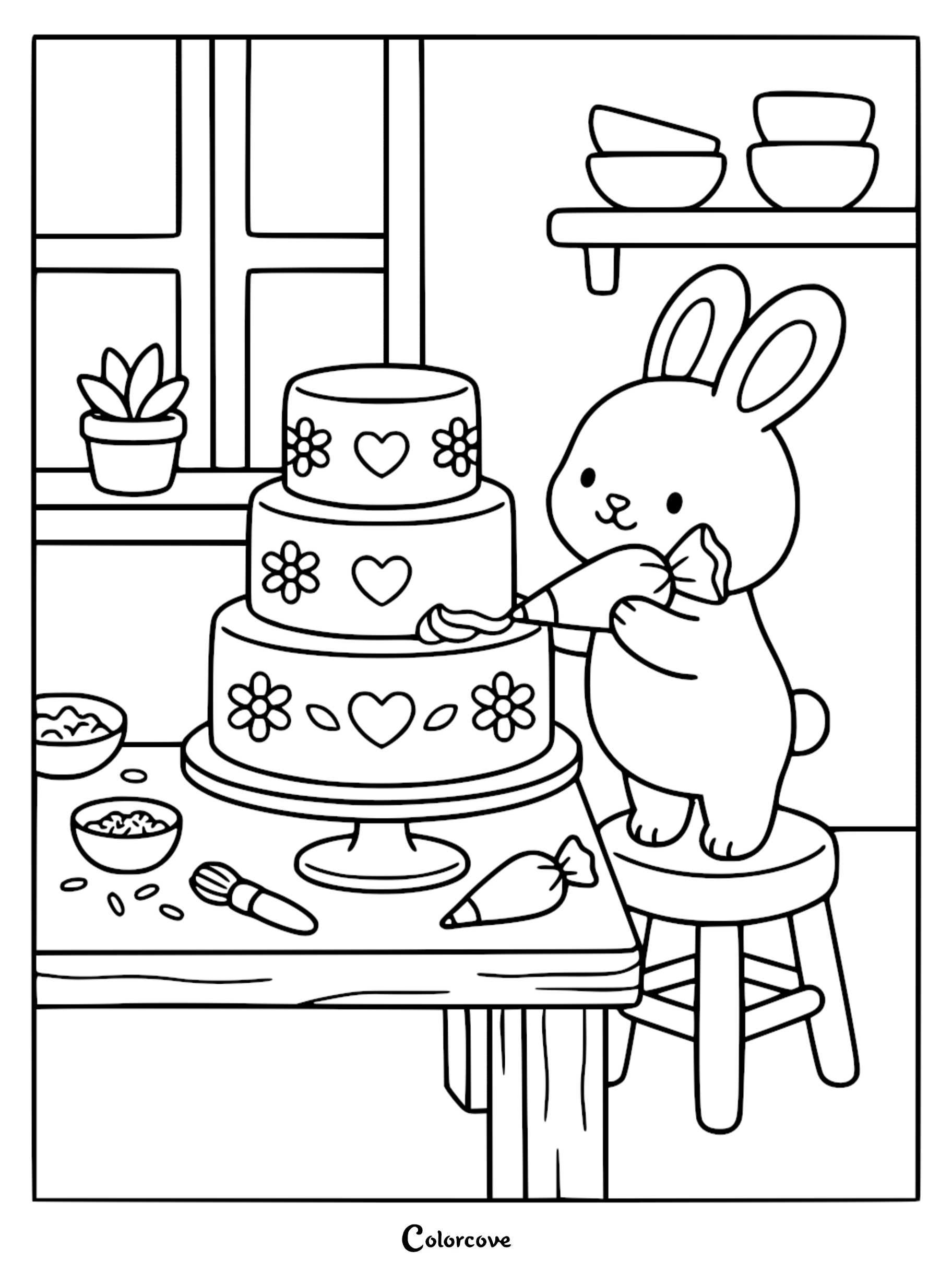 An adorable bunny standing on a stool decorating a three-tier cake with frosting in a cozy kitchen setting, perfect for kids' coloring activities.