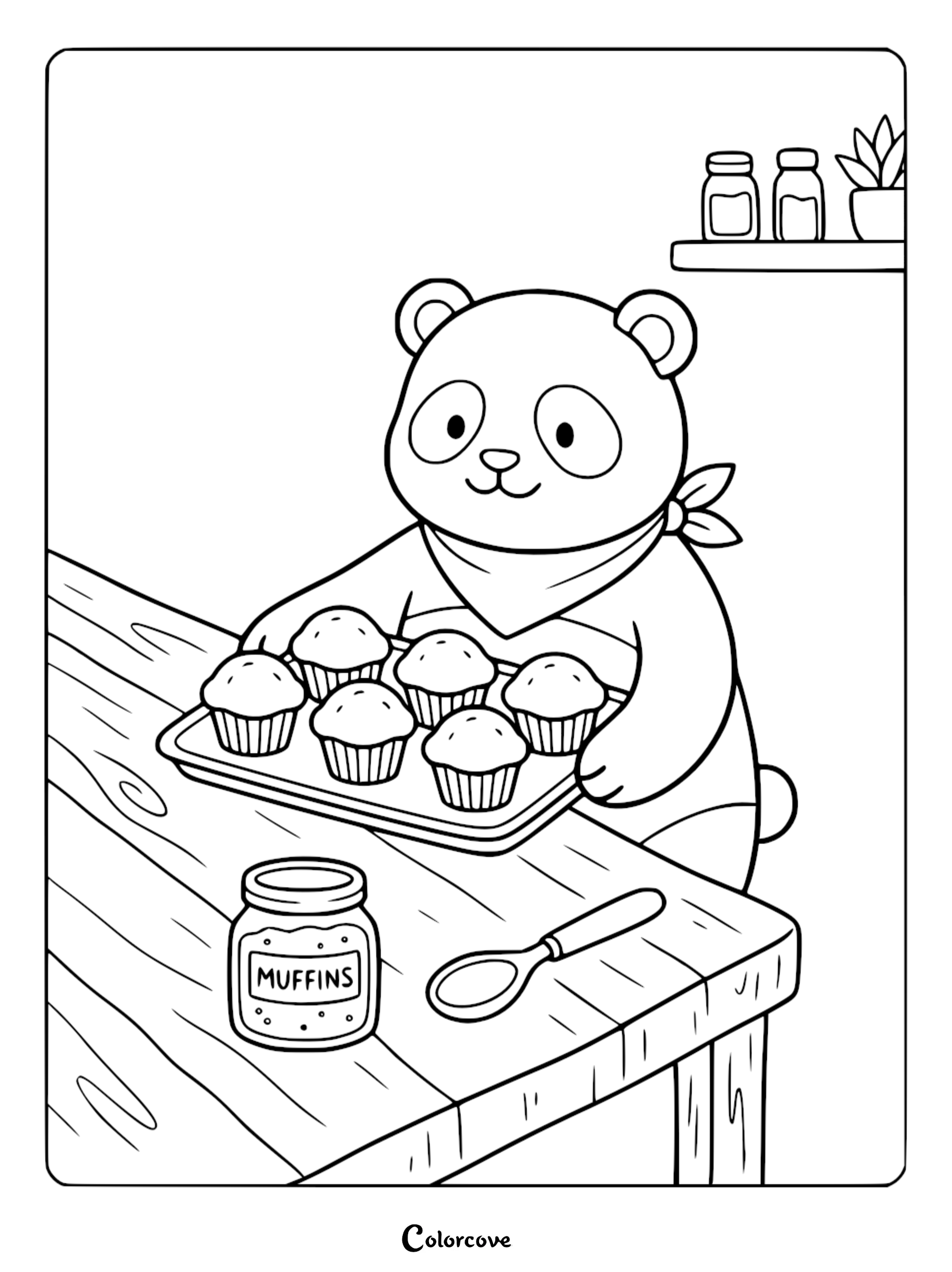 A cute panda wearing a bandana holding a tray of freshly baked muffins in a kitchen setting coloring page for kids