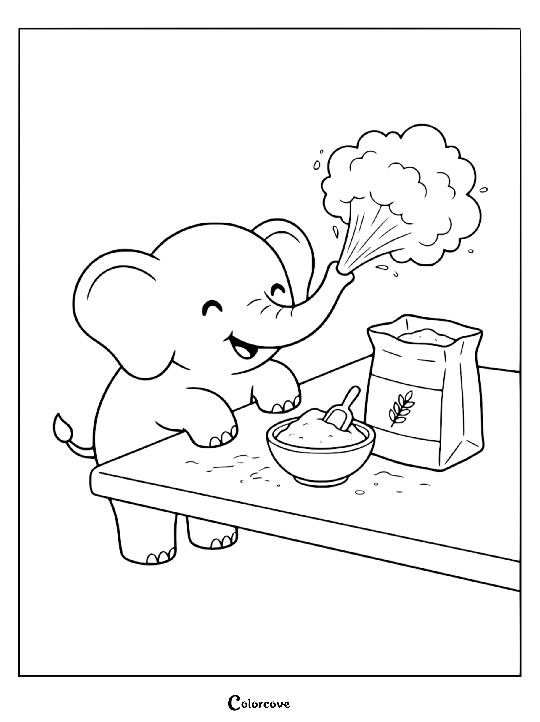 A cute cartoon baby elephant baking with flour and a mixing bowl in a fun, printable coloring page for kids.