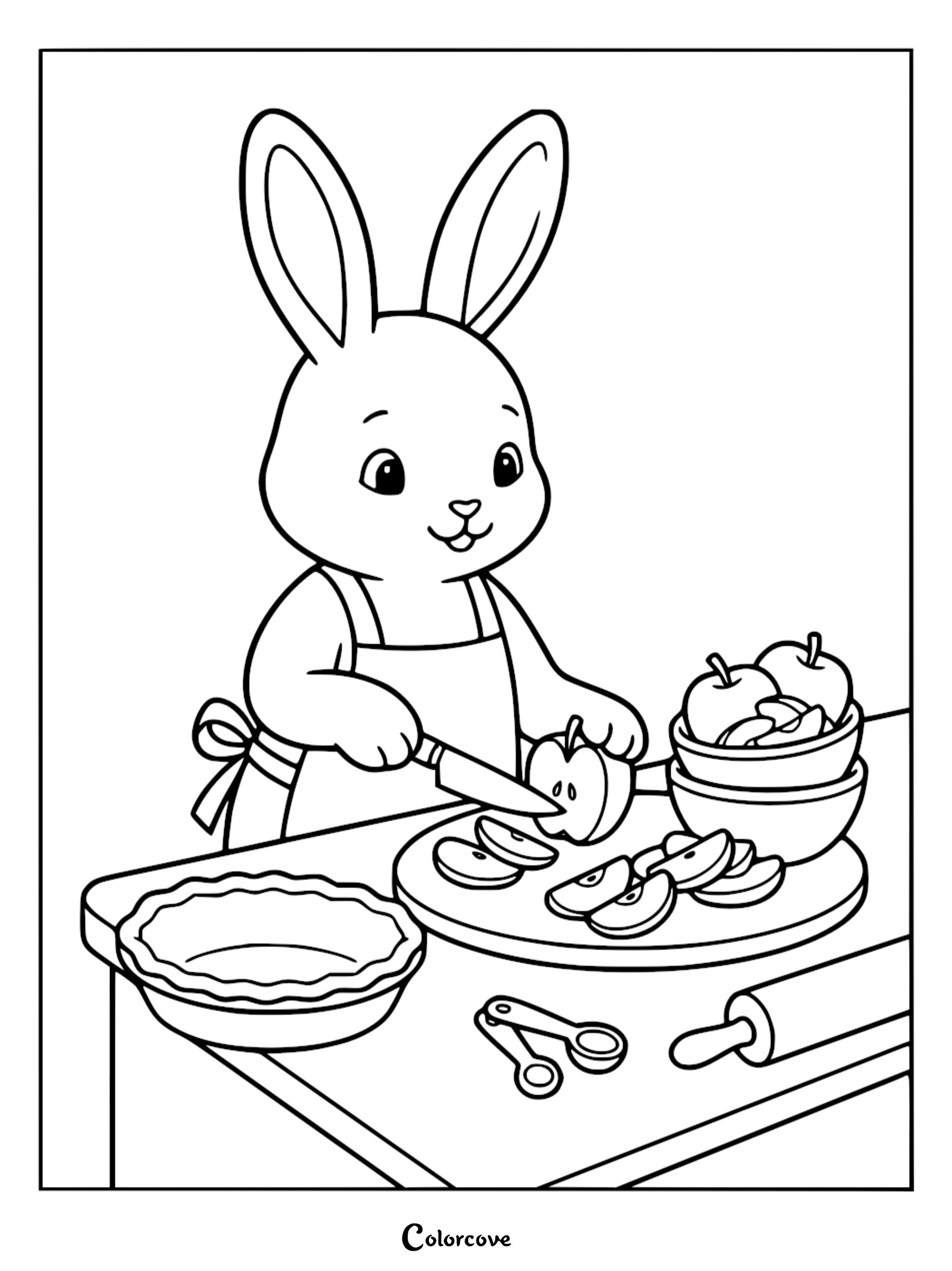 A cute bunny wearing an apron and slicing apples for a pie in a kitchen setting coloring page for kids