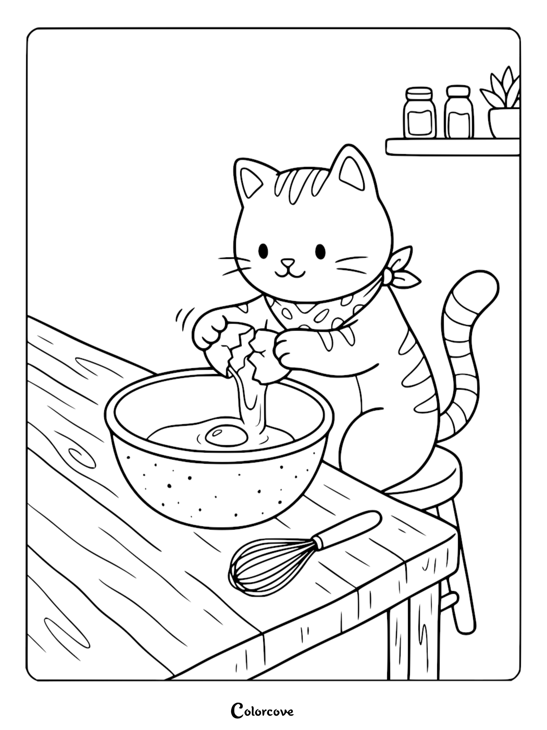 A cute tabby cat wearing a bandana cracking an egg into a bowl while baking, a printable coloring page for kids and cat lovers.