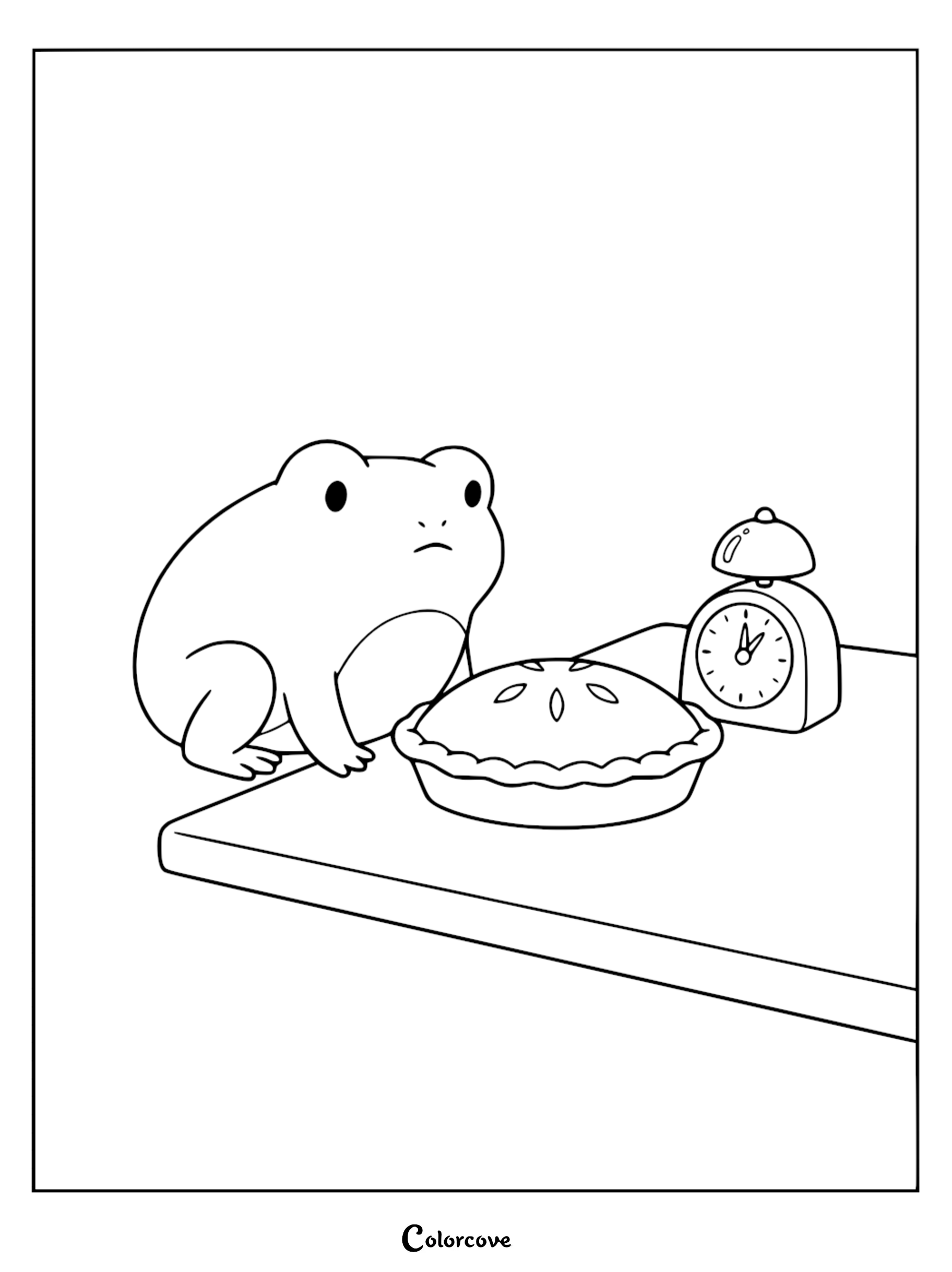 A cute cartoon frog sitting on a table next to a baked pie and an alarm clock in this printable coloring page.