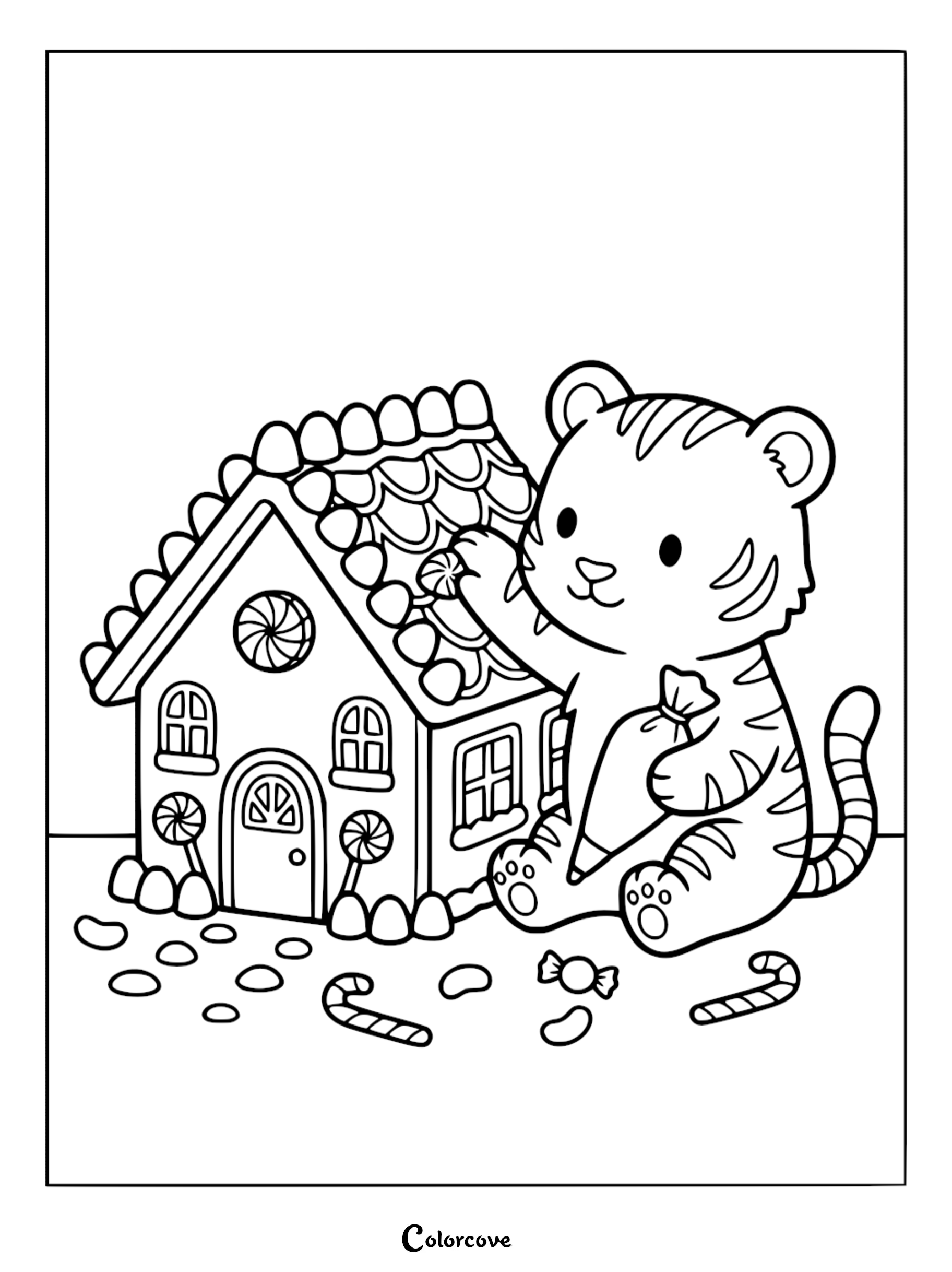 A cute tiger cartoon character decorating a candy-covered gingerbread house with icing in this printable coloring page for kids.
