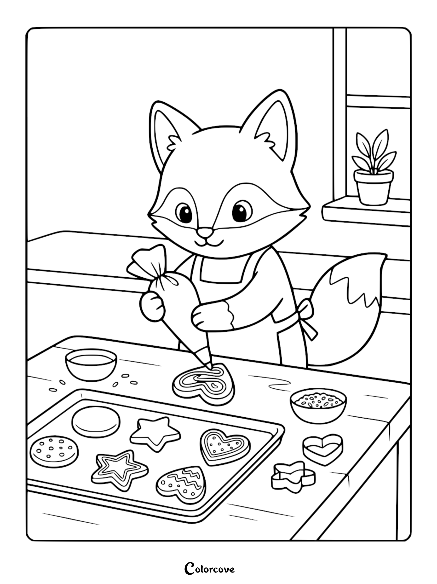 A cute fox wearing an apron while icing star and heart-shaped cookies on a baking sheet, perfect for a kids' printable coloring page.