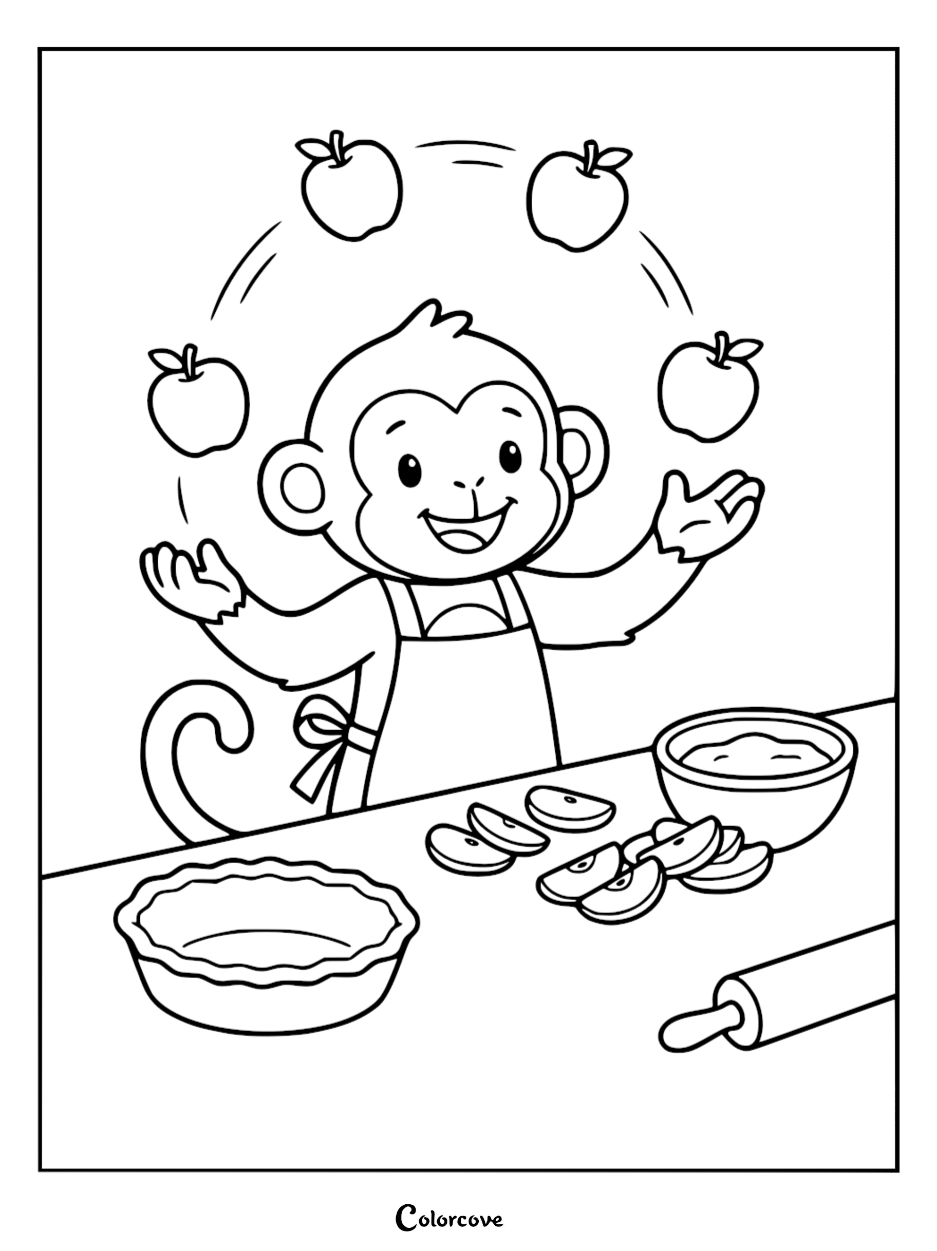 A cute monkey wearing an apron juggling apples while baking a pie, printable coloring page for children.
