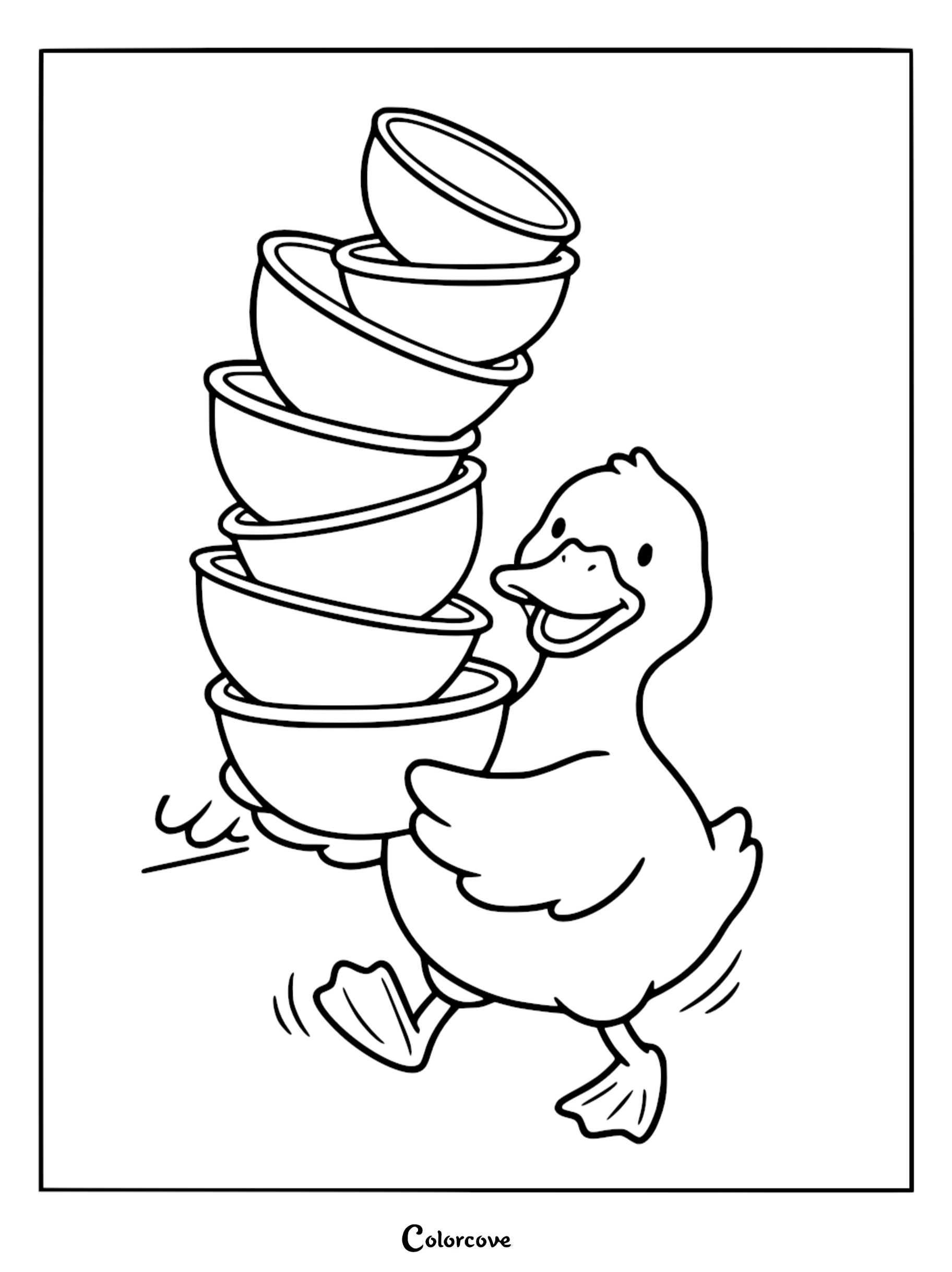 A cute cartoon duck carrying a tall stack of bowls to color for kids and toddlers