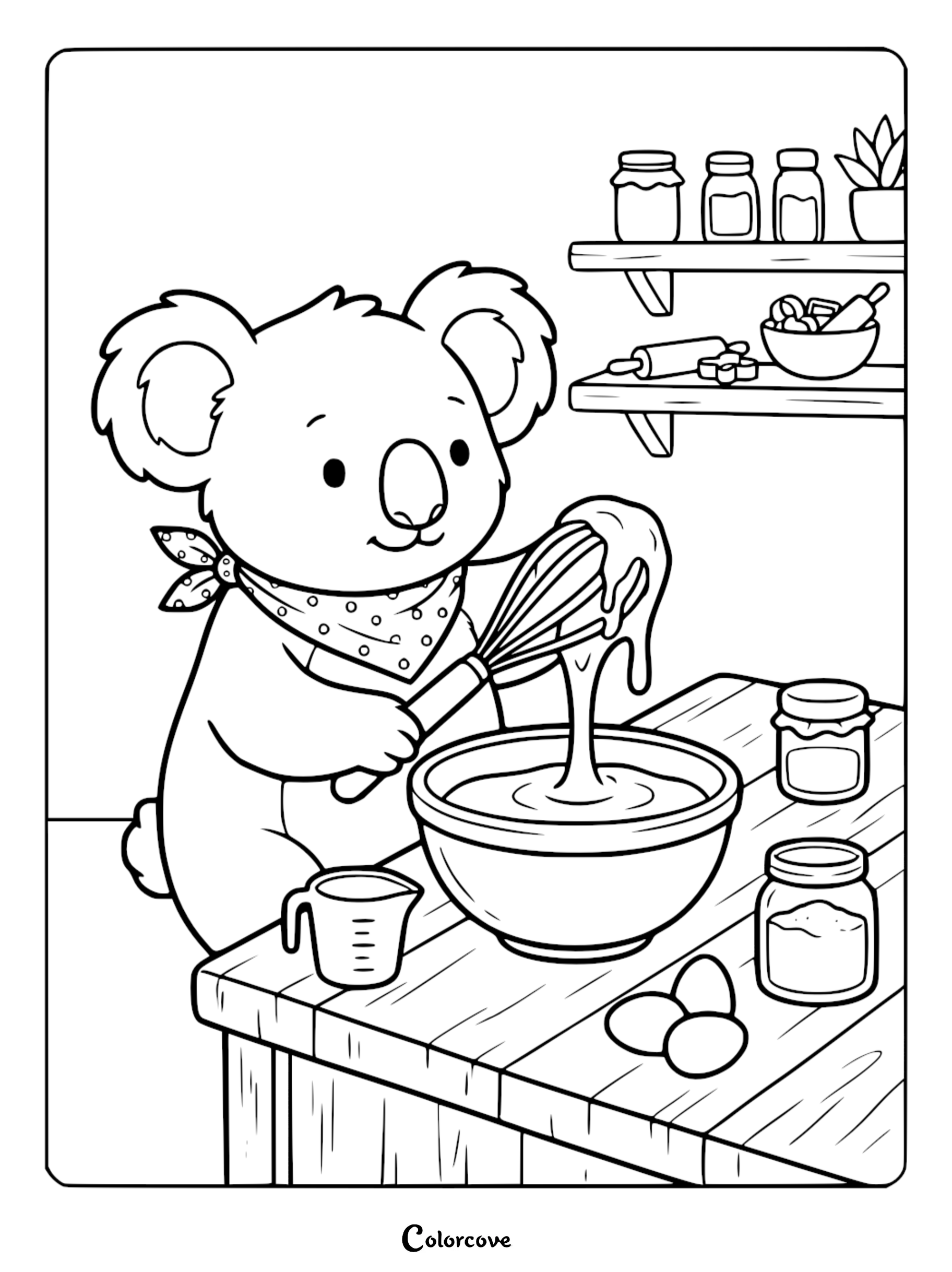 A cute koala wearing a bandana baking in a kitchen with a whisk and mixing bowl, printable coloring page for kids