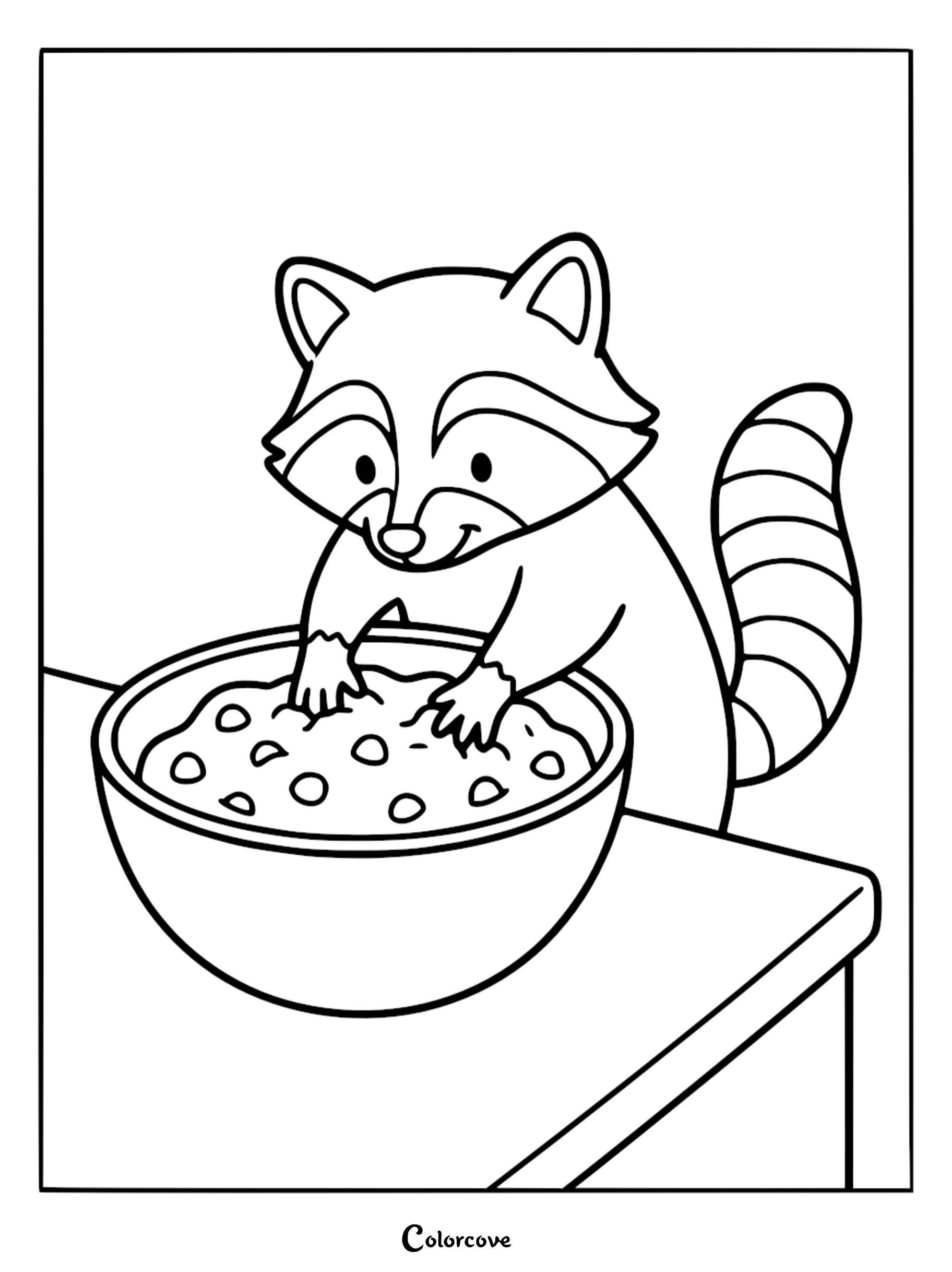 A cute cartoon raccoon reaching into a bowl of food to color, perfect for children and animal lovers.