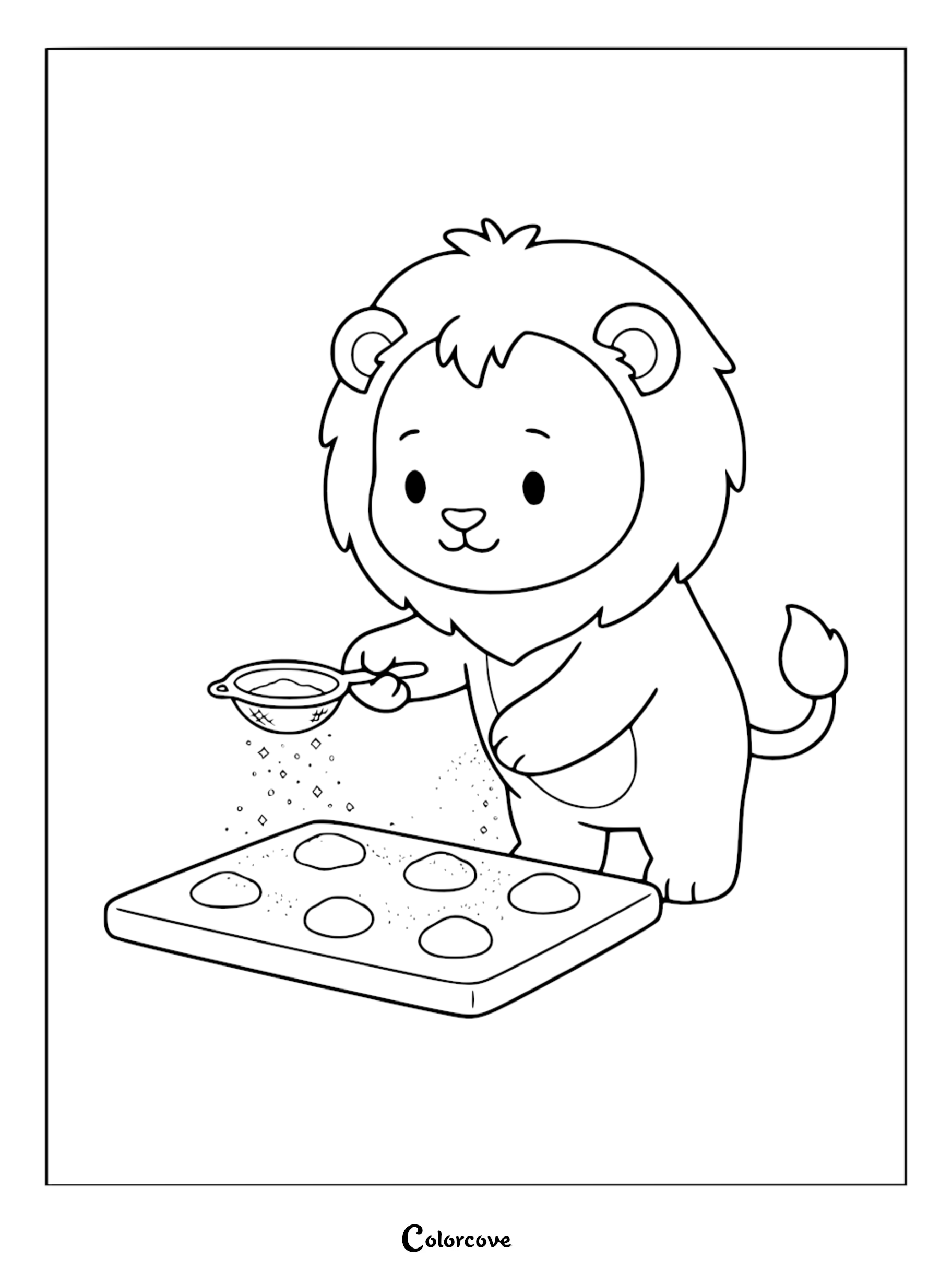 A cute cartoon lion sifting flour onto a baking sheet, printable coloring page for kids