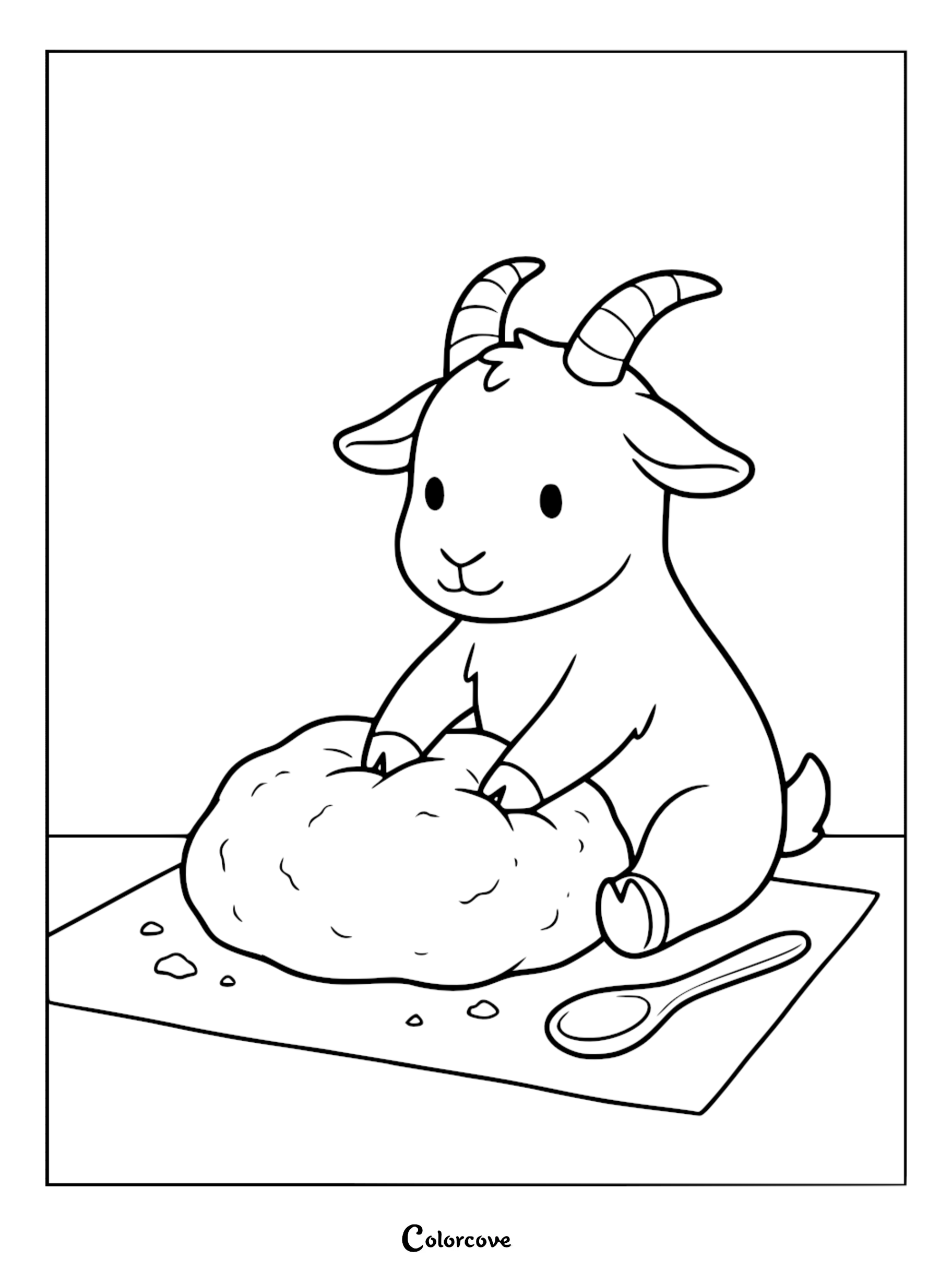 A cute cartoon goat kneading dough on a kitchen counter, free printable coloring page for kids
