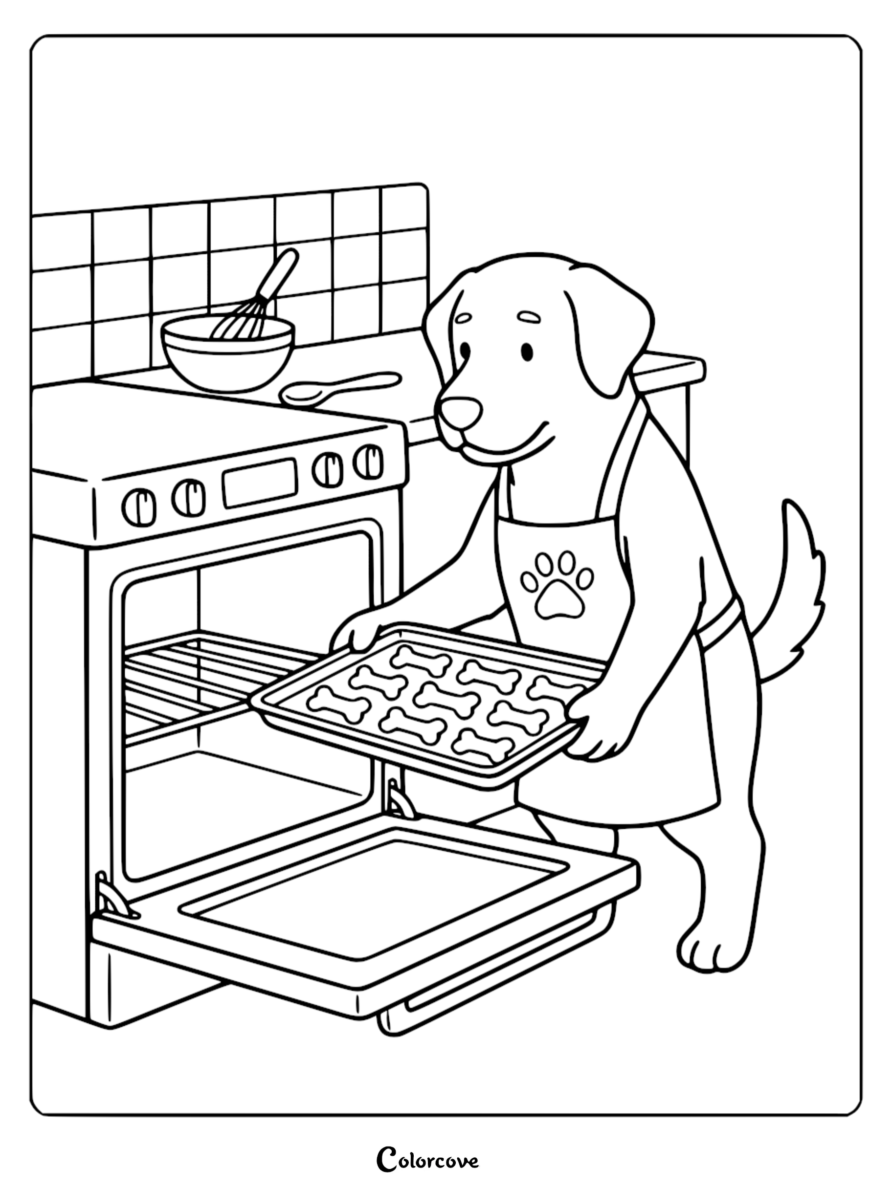 A cute dog wearing an apron baking bone-shaped dog treats in an oven, printable coloring page for kids
