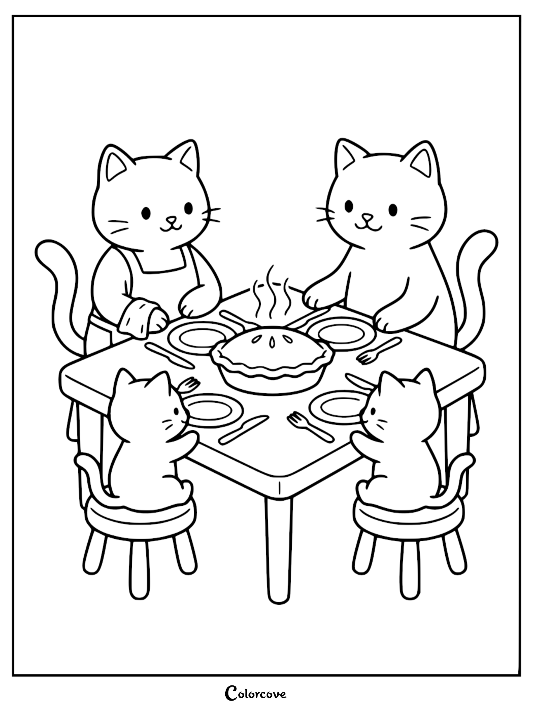 A cute coloring page for kids featuring a family of four cats sitting around a dining table ready to eat a warm pie.