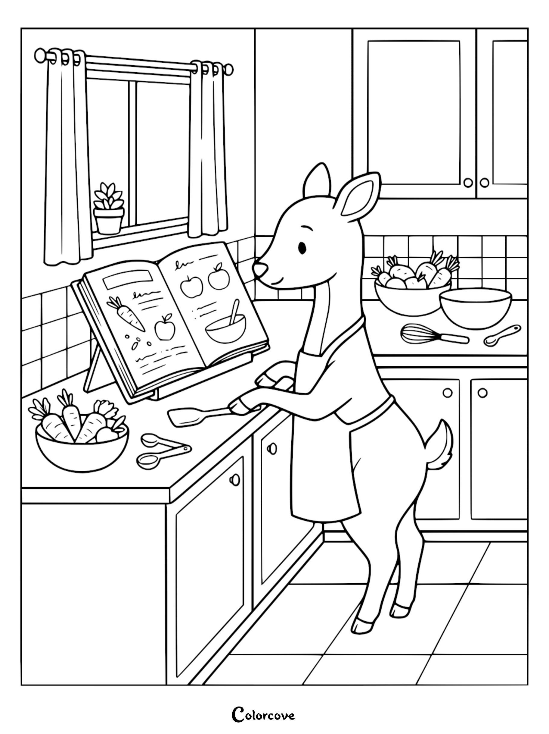 A cute deer wearing an apron while cooking in the kitchen, featuring a recipe book, fresh vegetables, and utensils for kids to color.