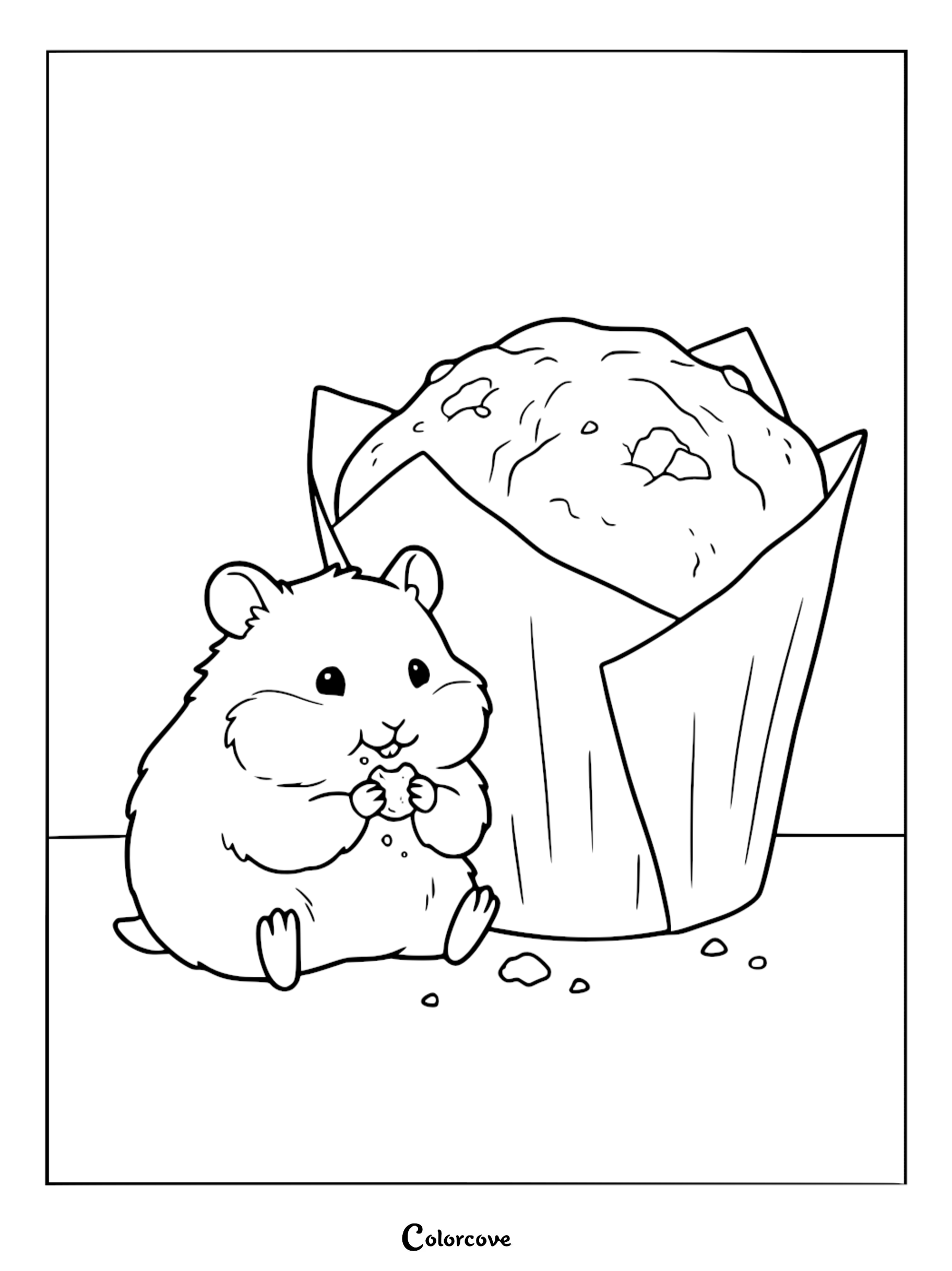 A cute, chubby hamster happily eating a large muffin coloring page for kids and animal lovers.