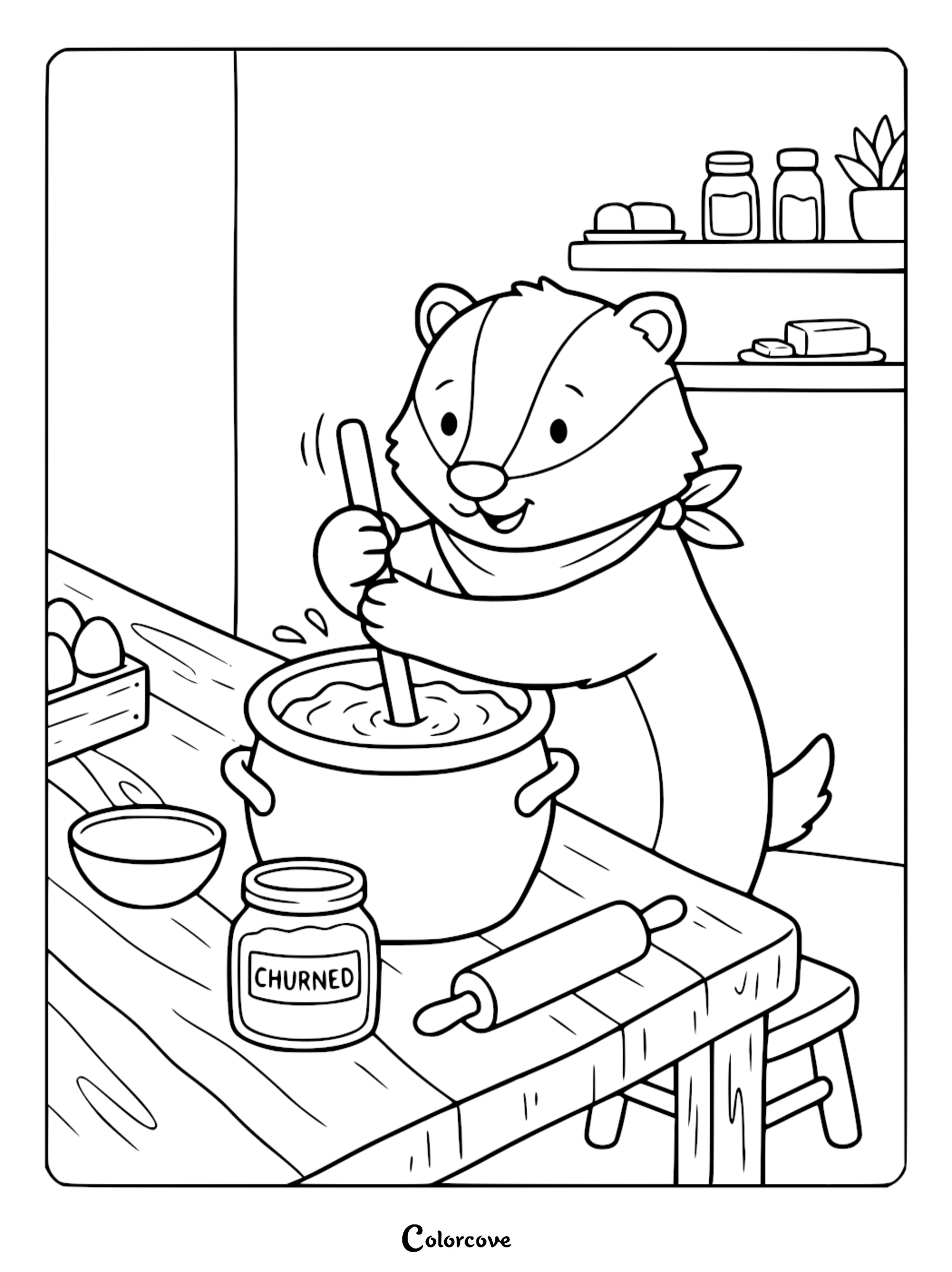 A cute badger wearing a bandana mixing ingredients in a cooking pot, featuring a kitchen table with a rolling pin and jars, perfect for a printable animal cooking coloring page for kids.