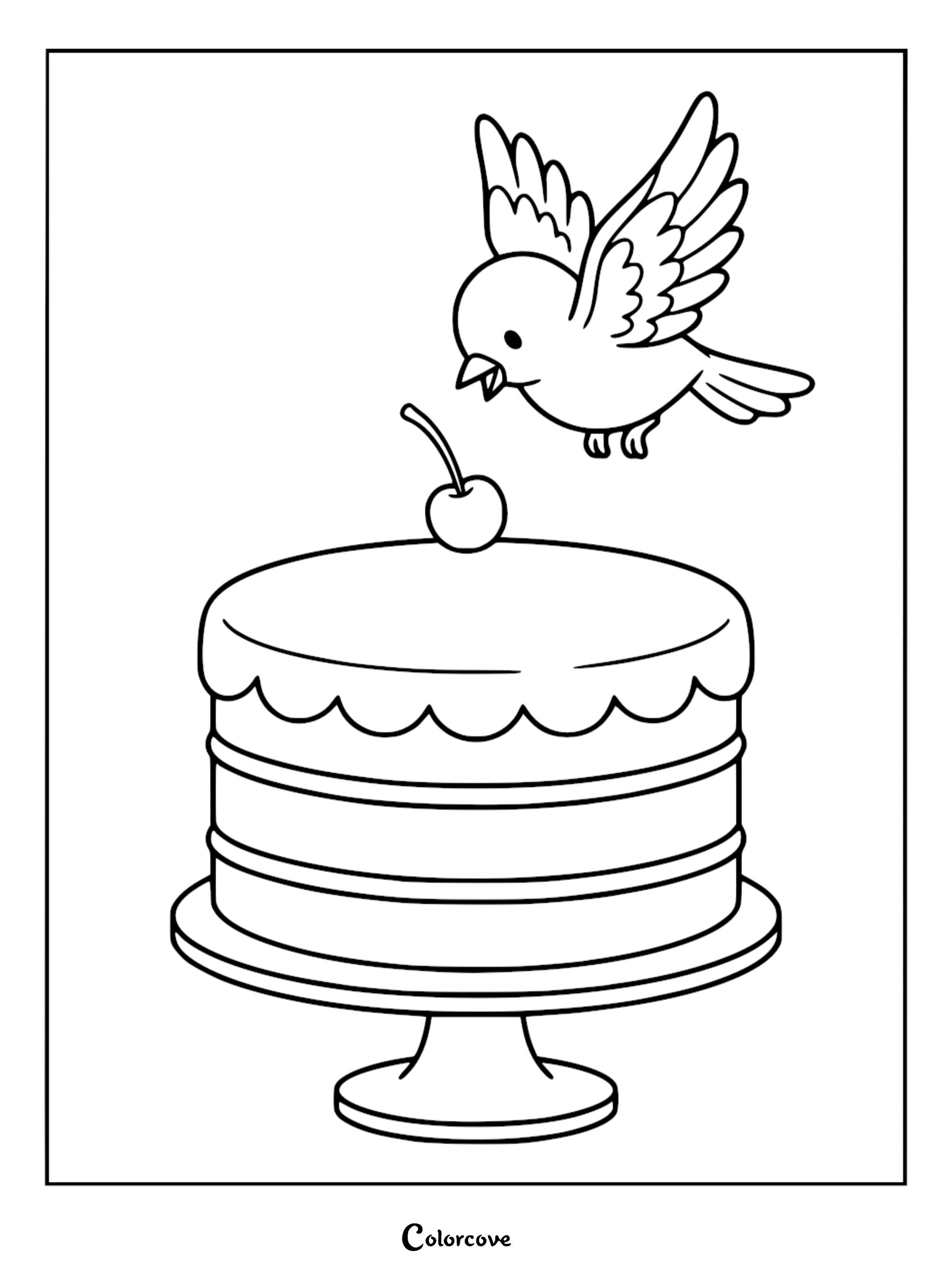 A cute cartoon bird flying towards a delicious layered cake with a cherry on top for kids to color.