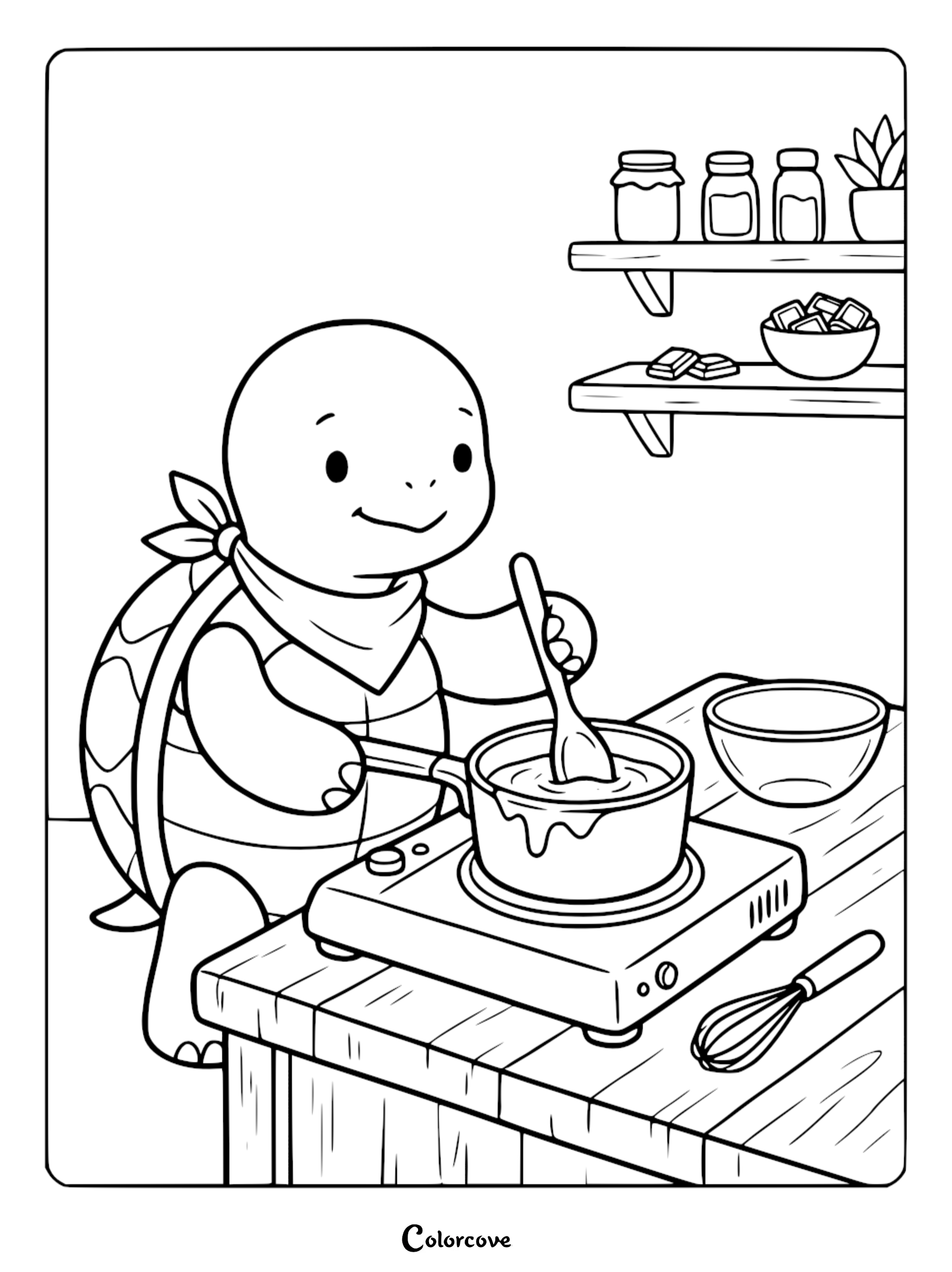 An adorable cartoon turtle wearing a bandana cooking in a kitchen, perfect for kids who love animals and baking.