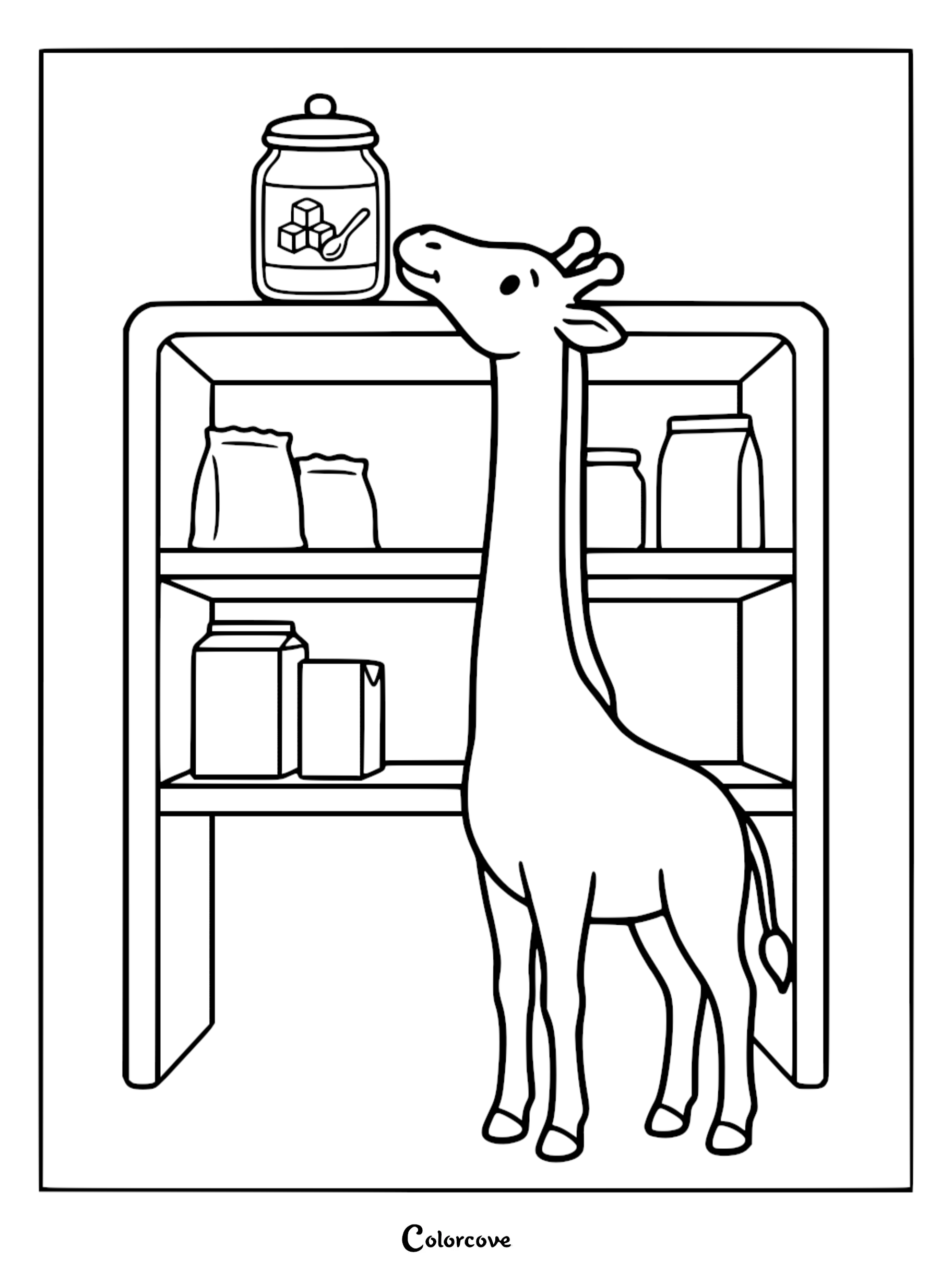 A friendly cartoon giraffe reaching for a jar of sugar on a pantry shelf, perfect for kids' coloring activities.