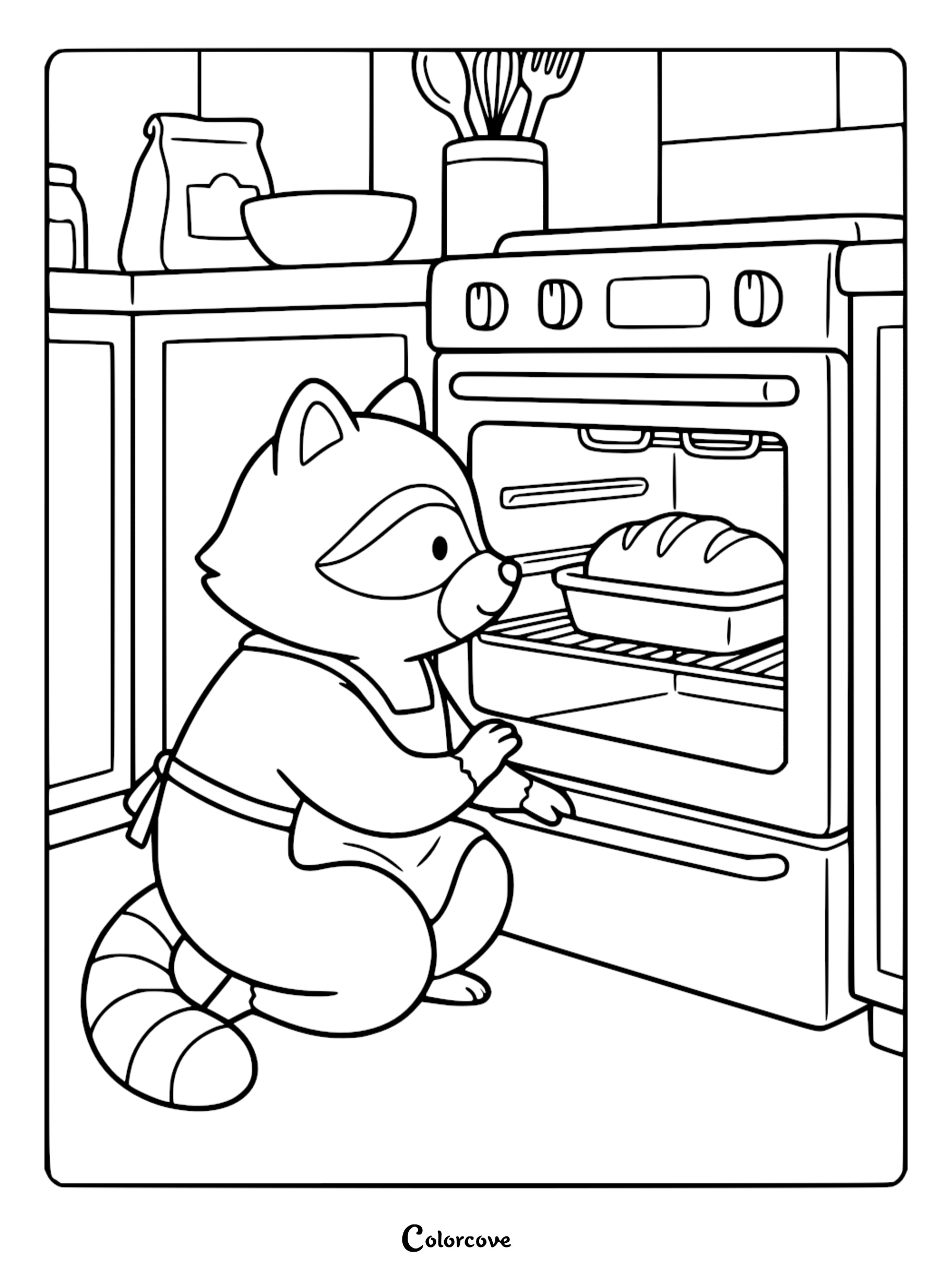A cute raccoon wearing an apron baking a loaf of bread in the oven coloring page for children.