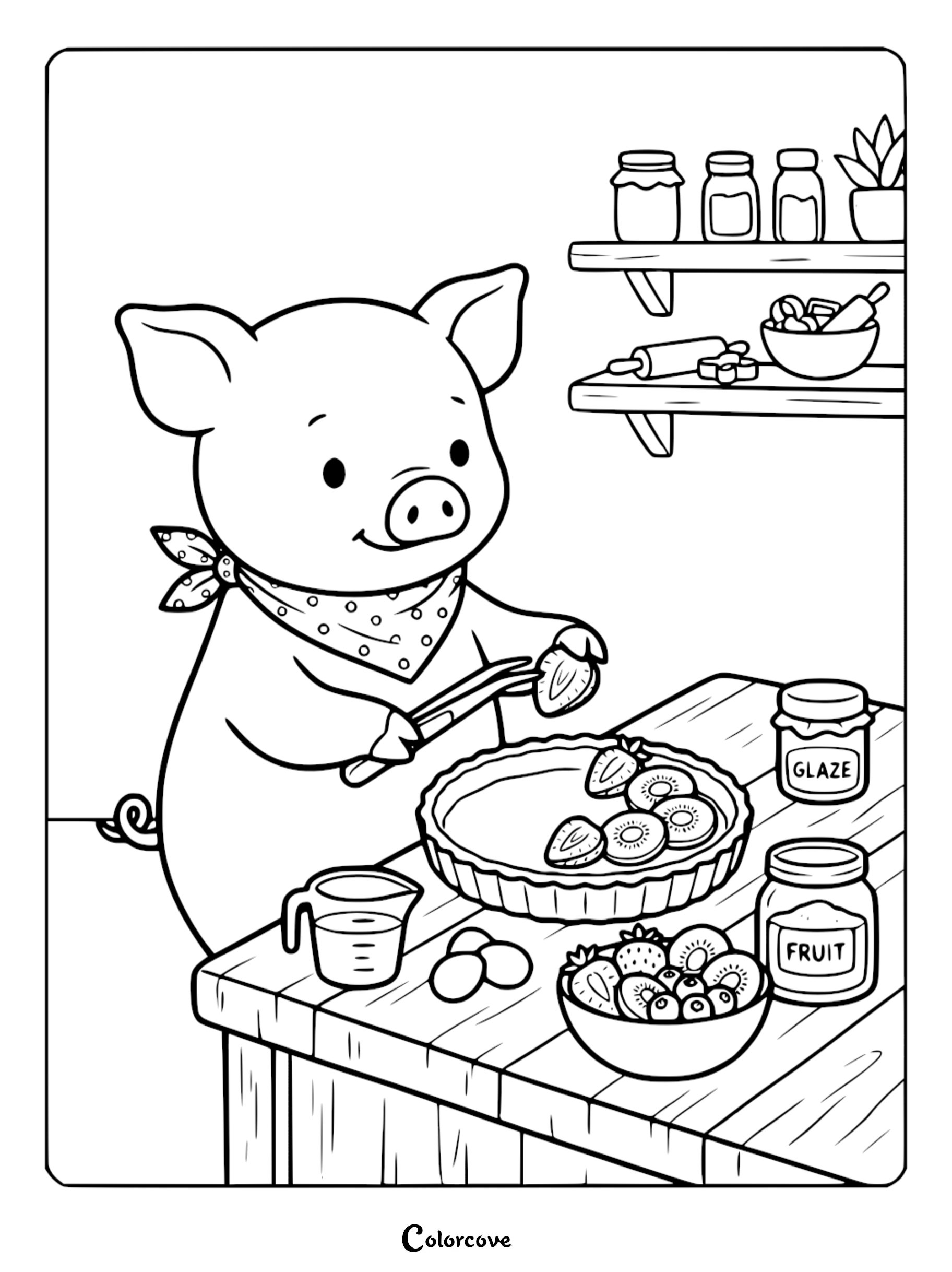 A cute cartoon pig wearing a bandana and baking a fresh fruit tart in a kitchen, printable coloring page for kids