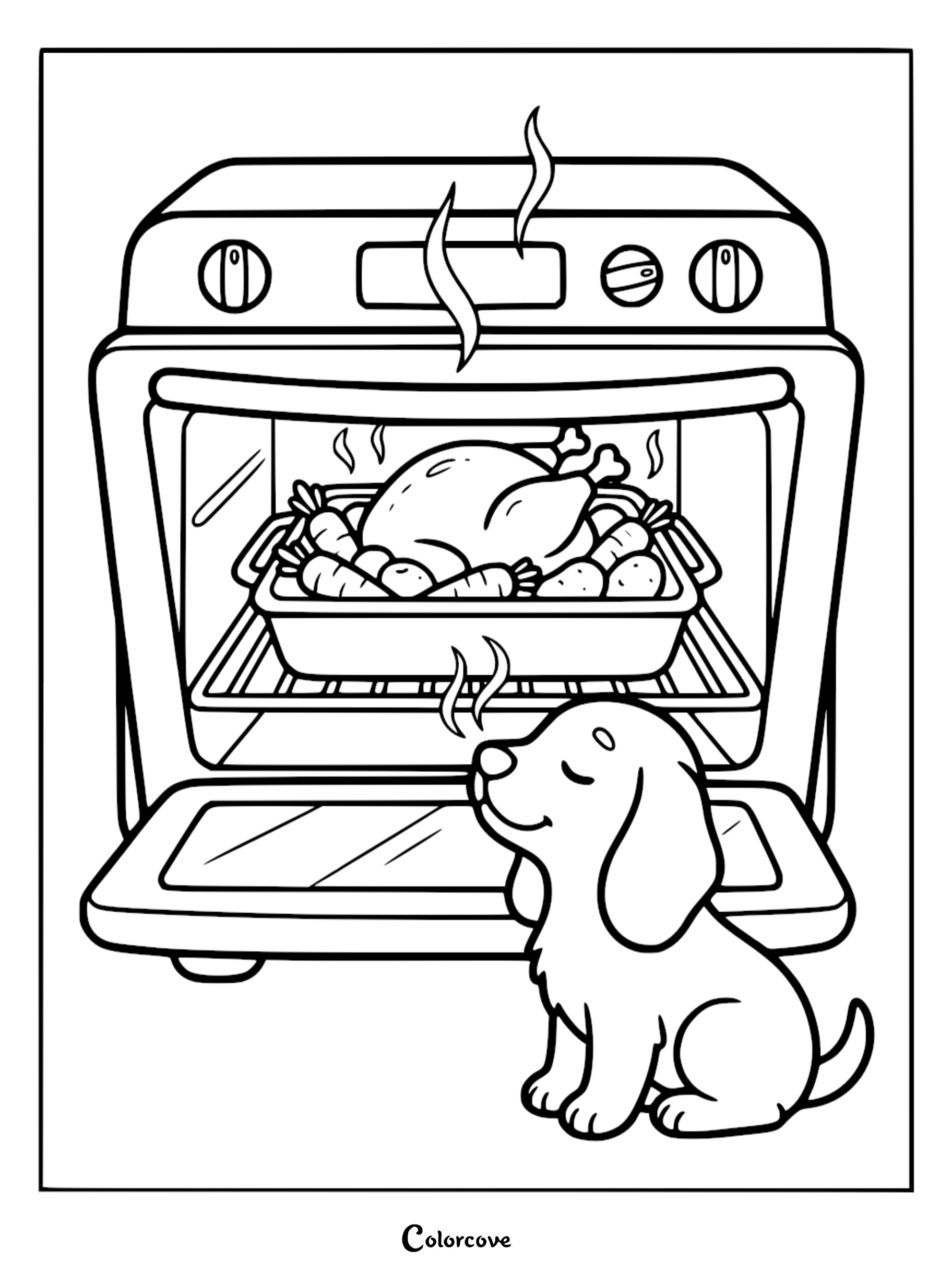 A cute puppy sitting in front of an oven with a roasting turkey and vegetables inside, fun cooking-themed coloring page for children.