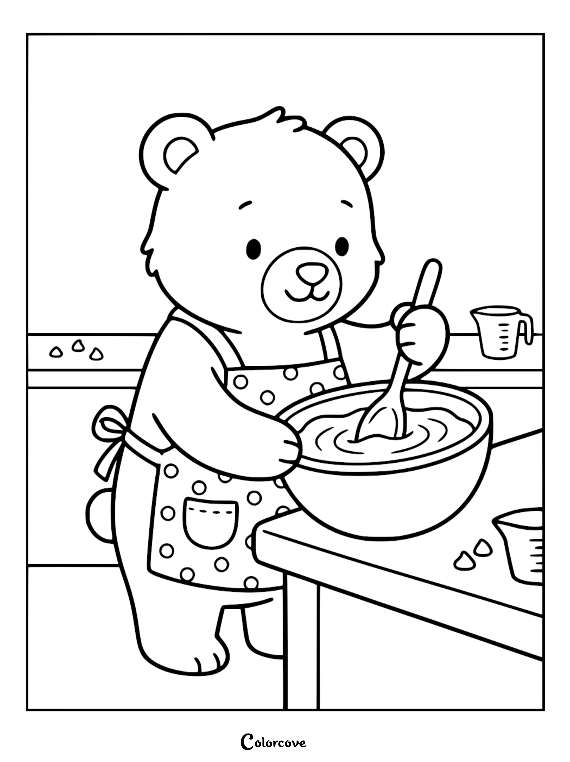 A cute bear wearing an apron and stirring a mixing bowl, perfect for a fun baking-themed coloring page for kids.