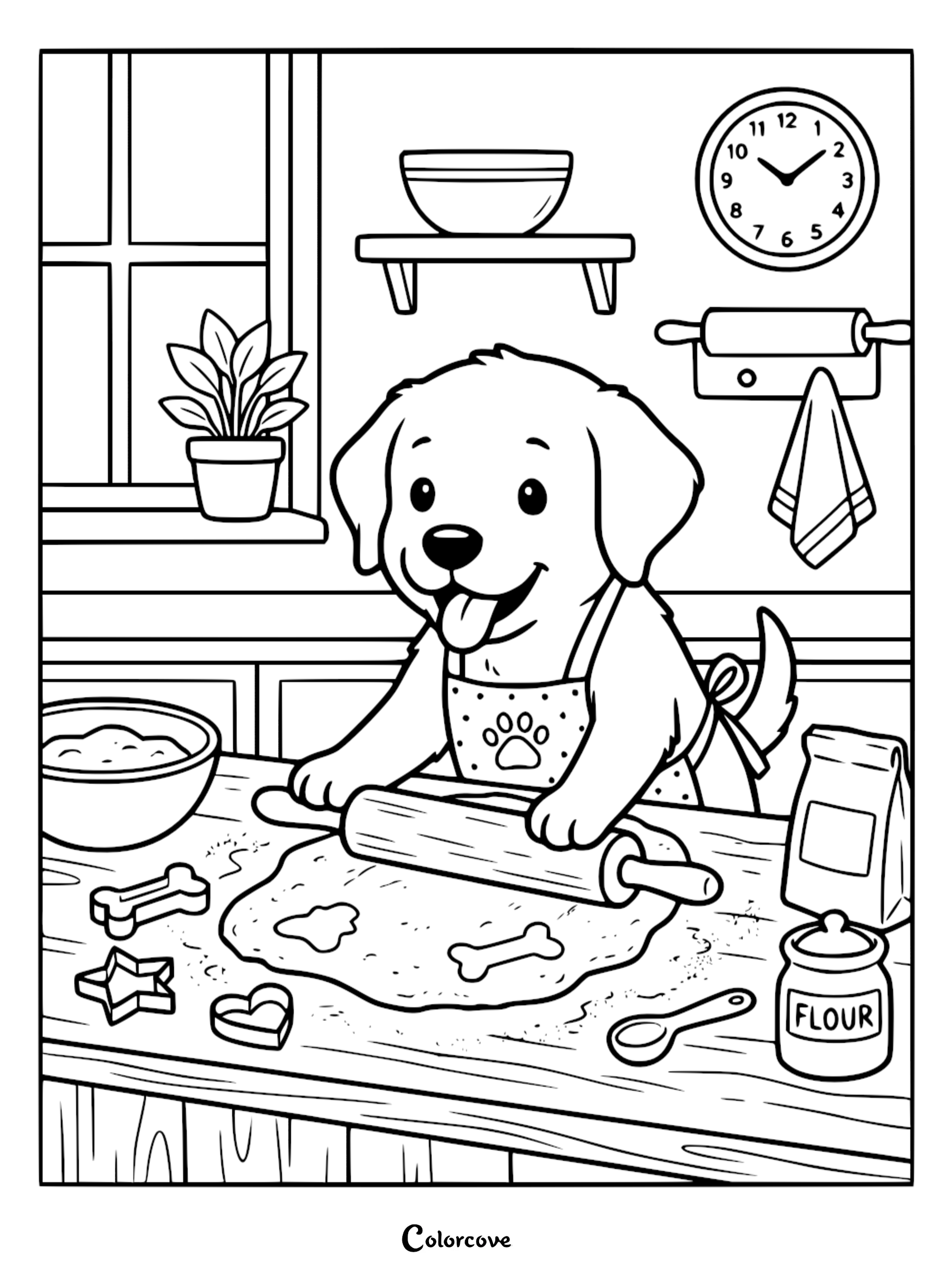 A cute puppy wearing an apron rolling out cookie dough in a kitchen, free printable coloring page for kids