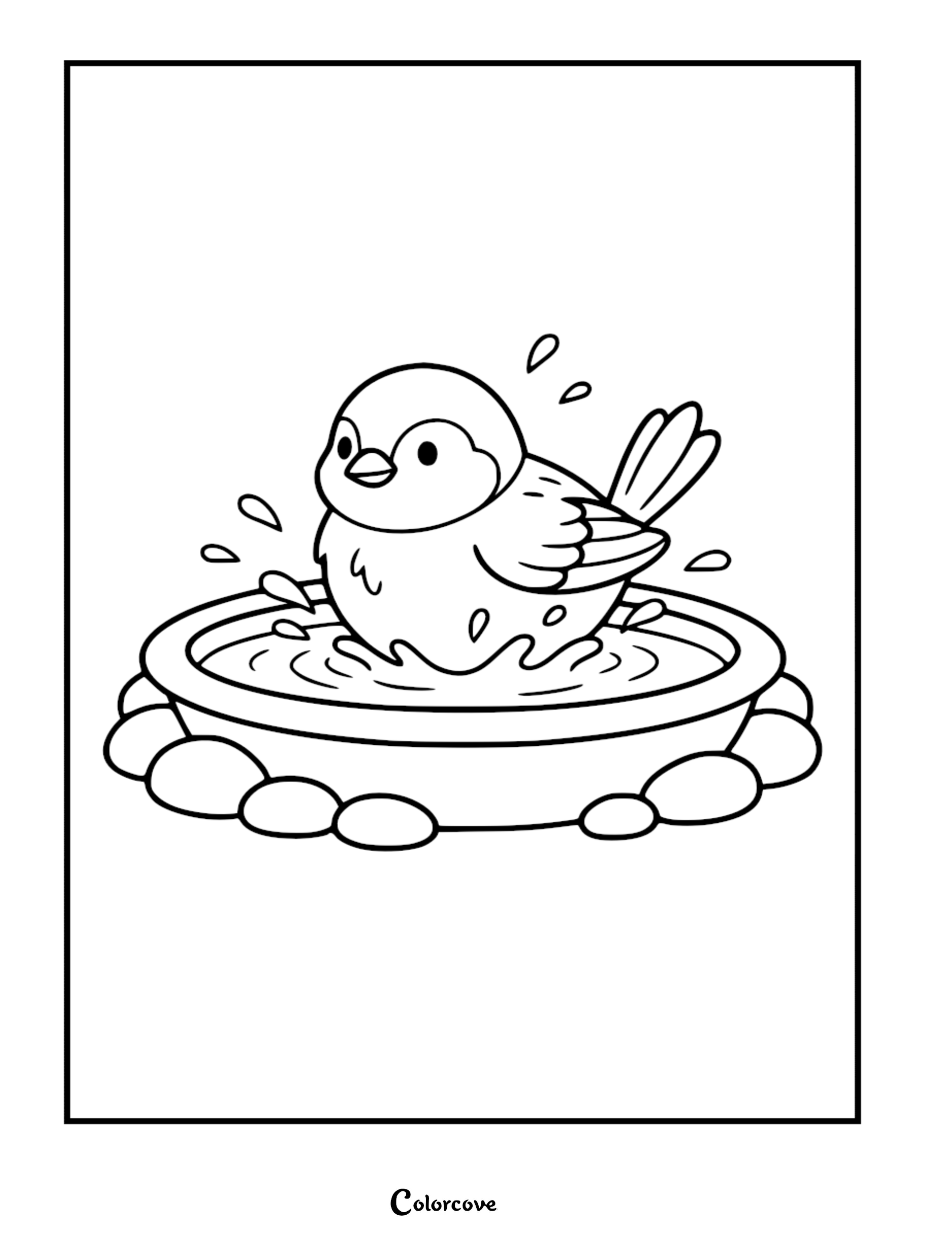 Cute round bird splashing in a stone birdbath surrounded by pebbles, with water droplets and ripples, line art coloring page.