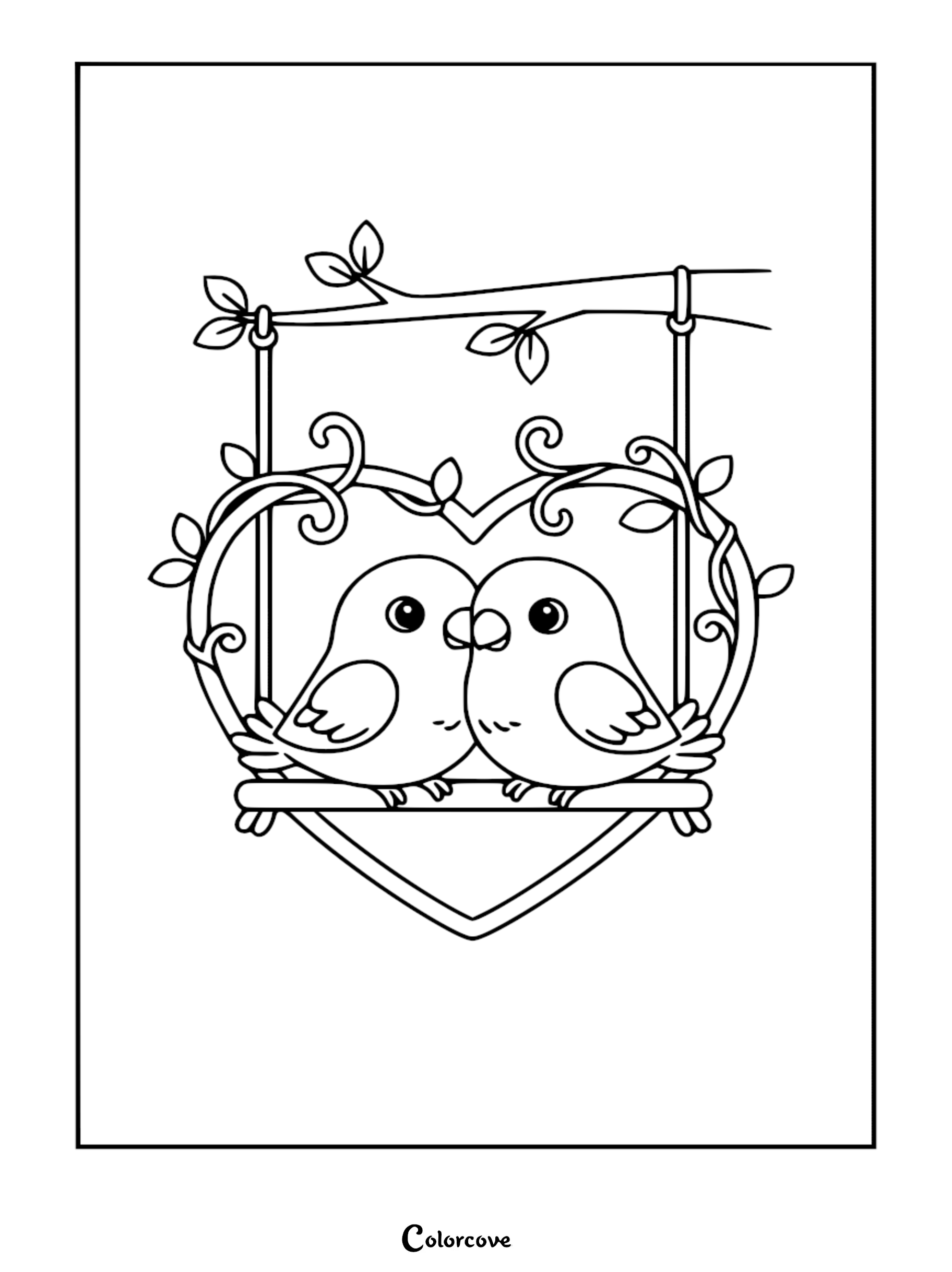 A detailed line art coloring page of two round birds sitting on a heart-shaped vine swing hanging from a branch.