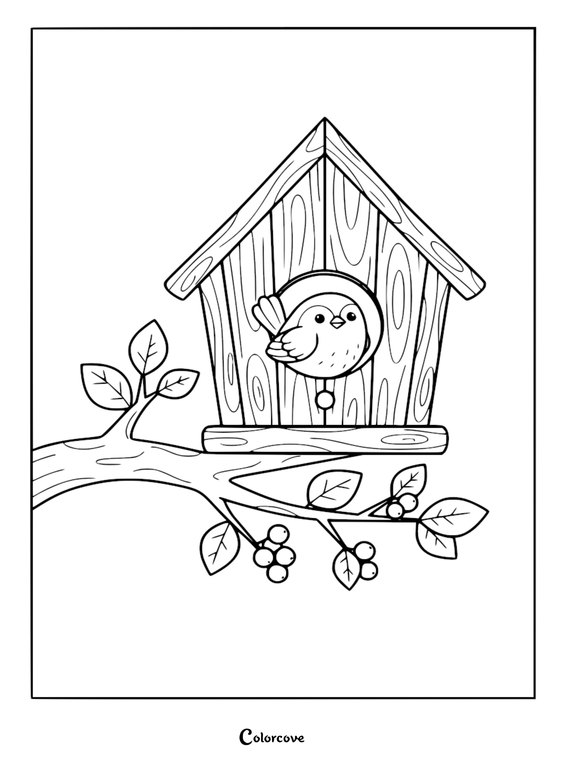 Line art coloring page of a cute round bird inside a wooden birdhouse with grain texture perched on a berry branch.