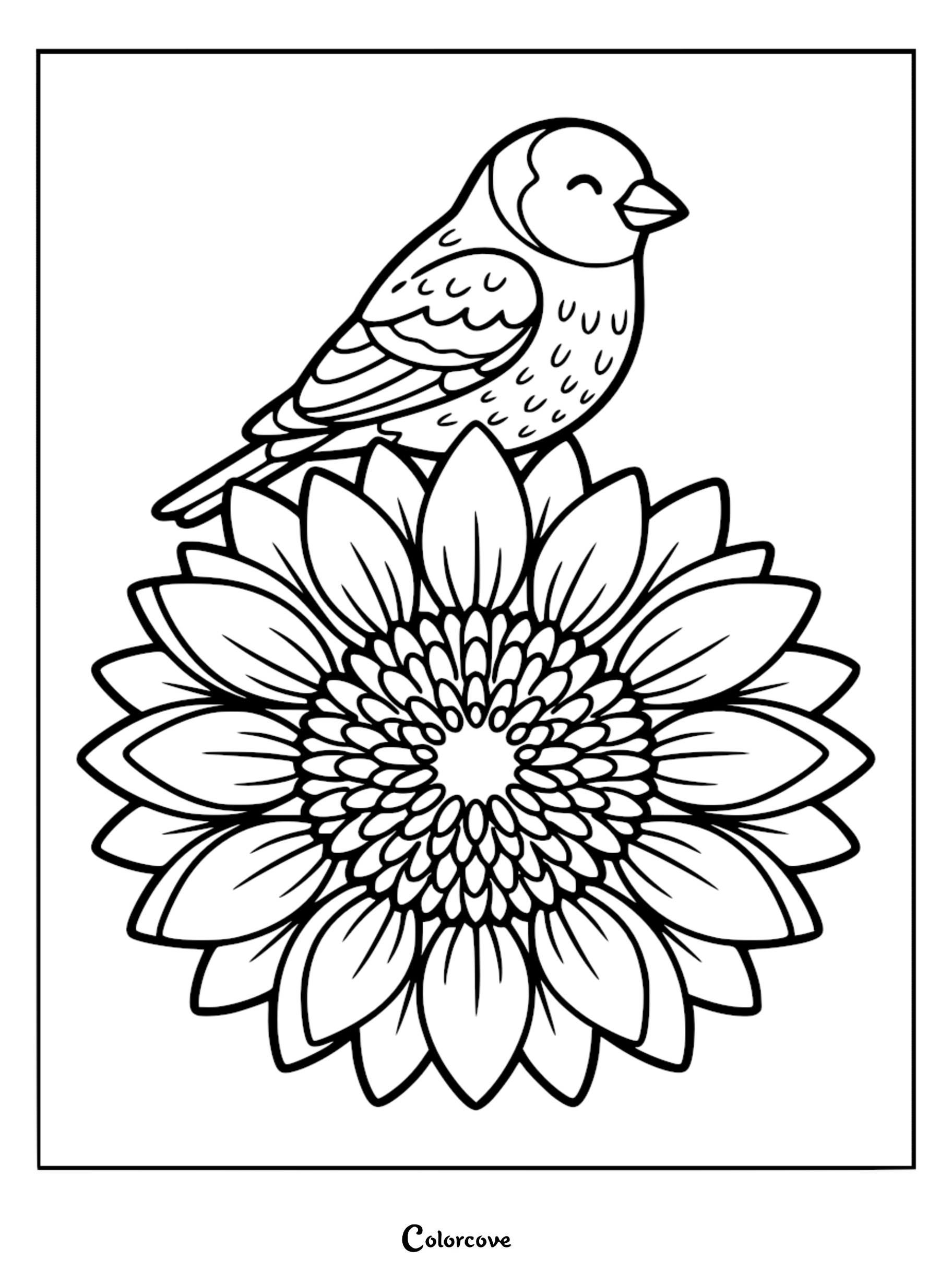 A detailed coloring page of a small cute bird with U-shaped feather patterns perched atop a large blooming sunflower with many pointed petals.