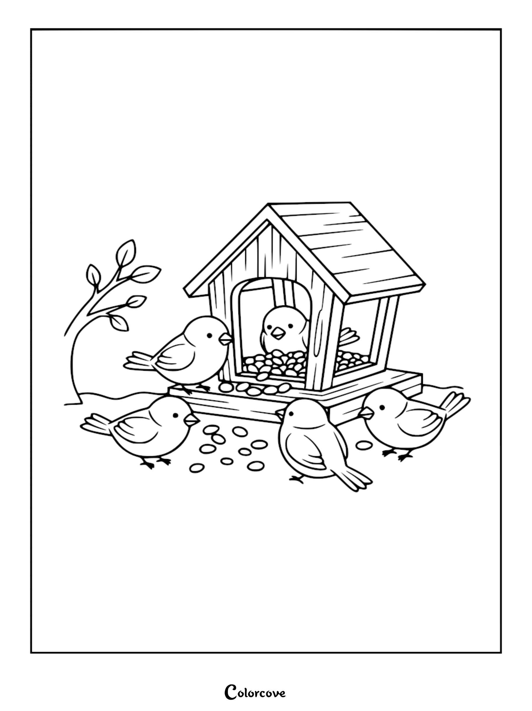 Detailed line art coloring page of five round birds eating seeds around a wooden birdhouse feeder.