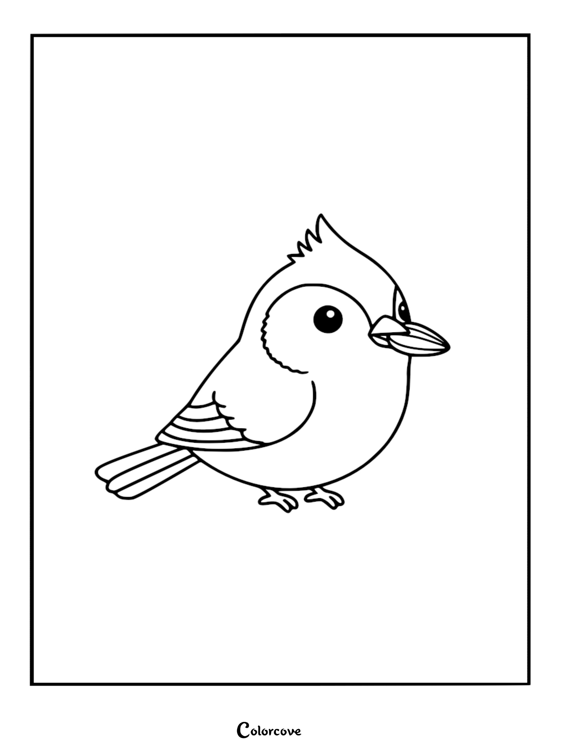 A detailed line art coloring page of a cute plump bird with a spiked crest and large dark eyes.