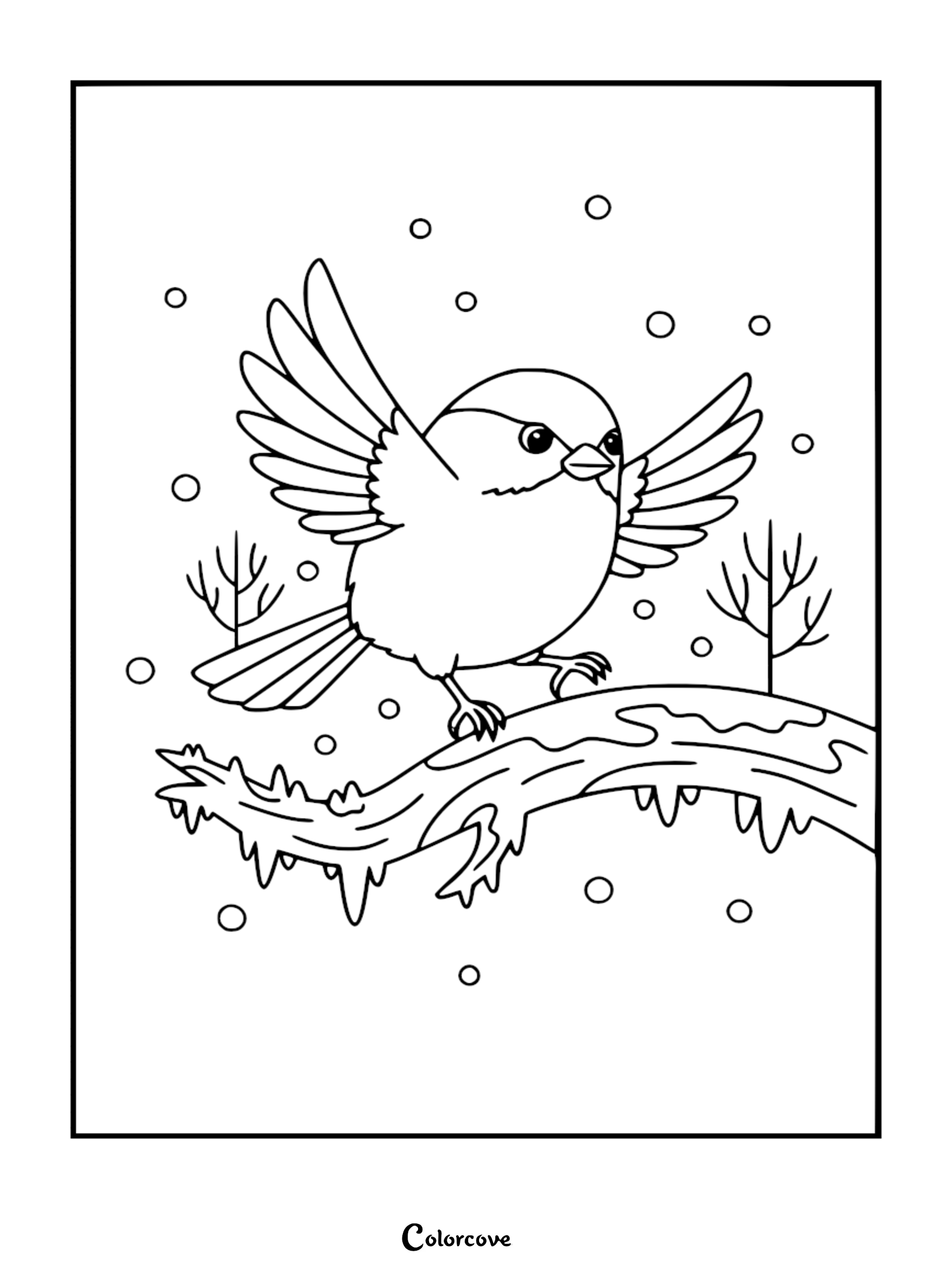 Detailed line art coloring page of a cute chickadee bird with wings spread, landing on a thick tree branch covered in snow and hanging icicles amidst falling snowflakes.