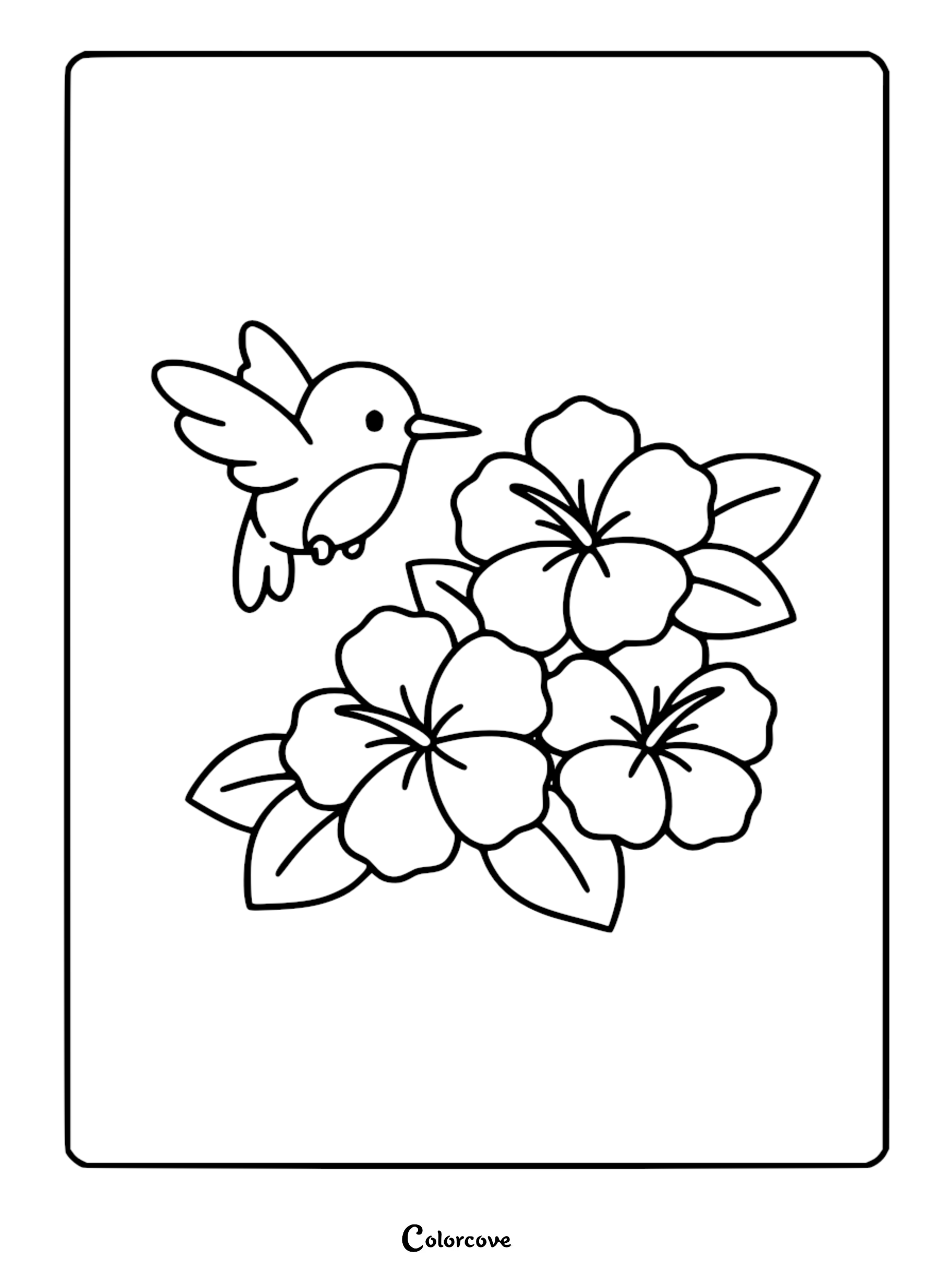 Simple black and white hummingbird coloring page flying near three large tropical hibiscus flowers with thick outlines and cartoon style.