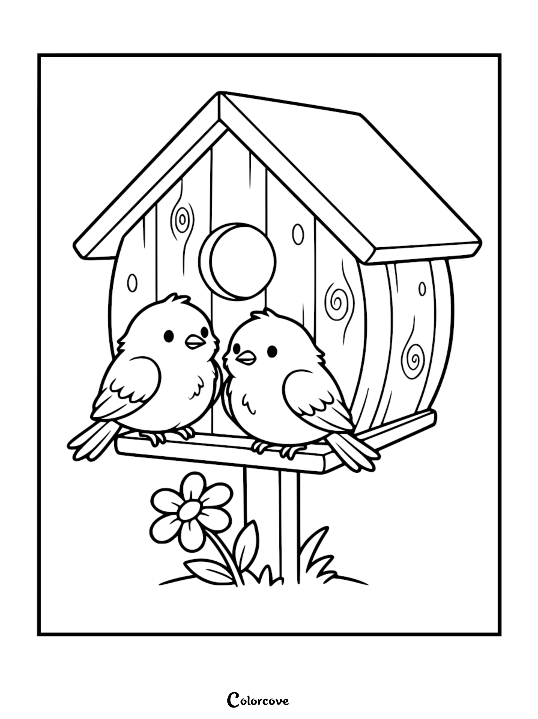 Line art coloring page of two small, fluffy birds perched on the ledge of a wooden birdhouse with a round opening and a blooming flower at the base.