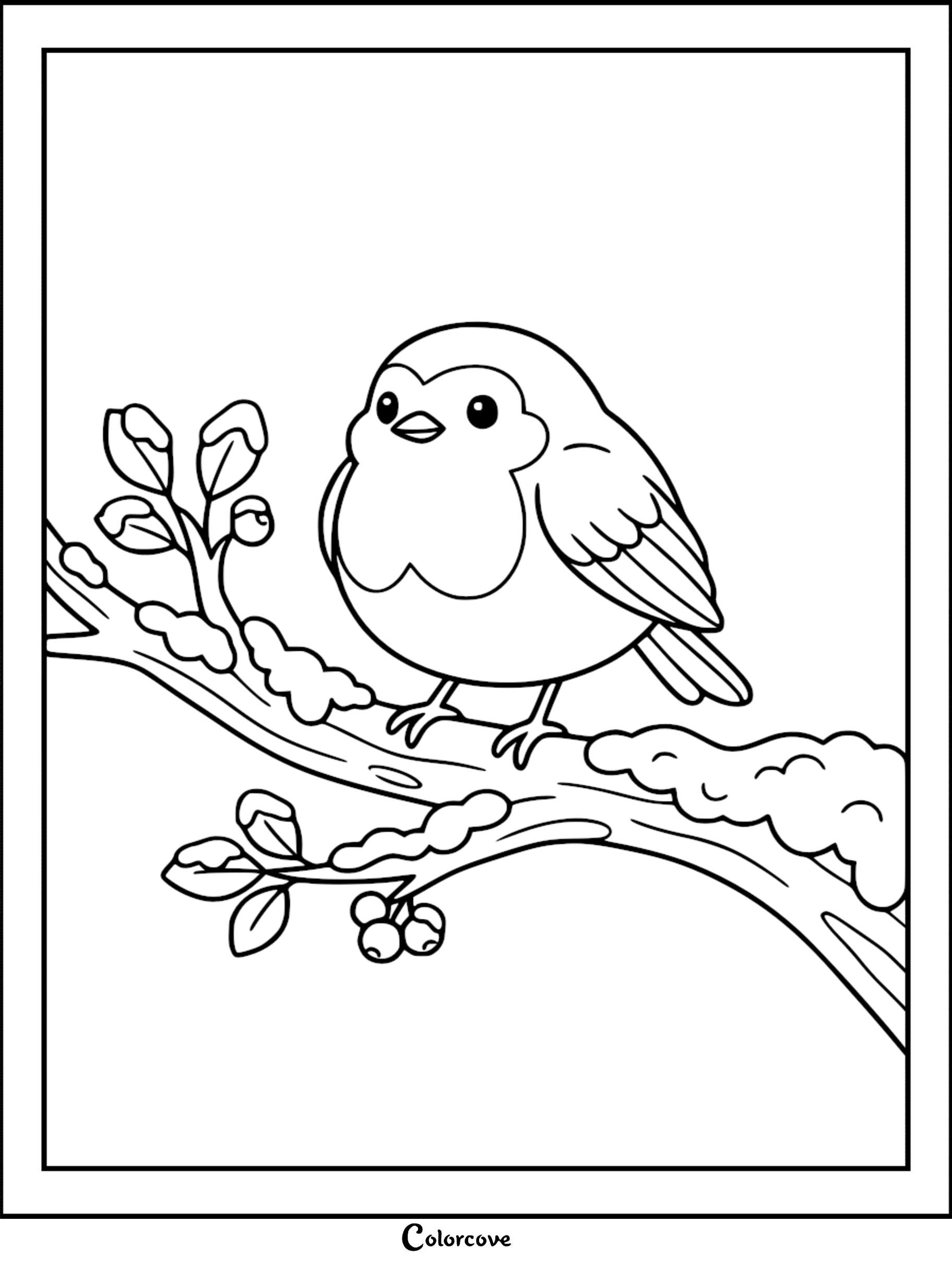 Detailed line art coloring page of a cute, round robin bird resting on a snow-laden tree branch decorated with tiny winter berries.