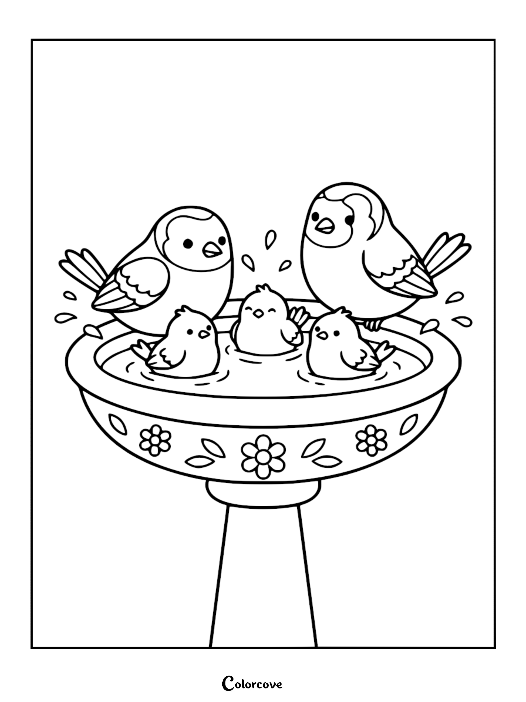 Line art coloring page of two parent birds and three tiny chicks splashing in a decorative floral birdbath.
