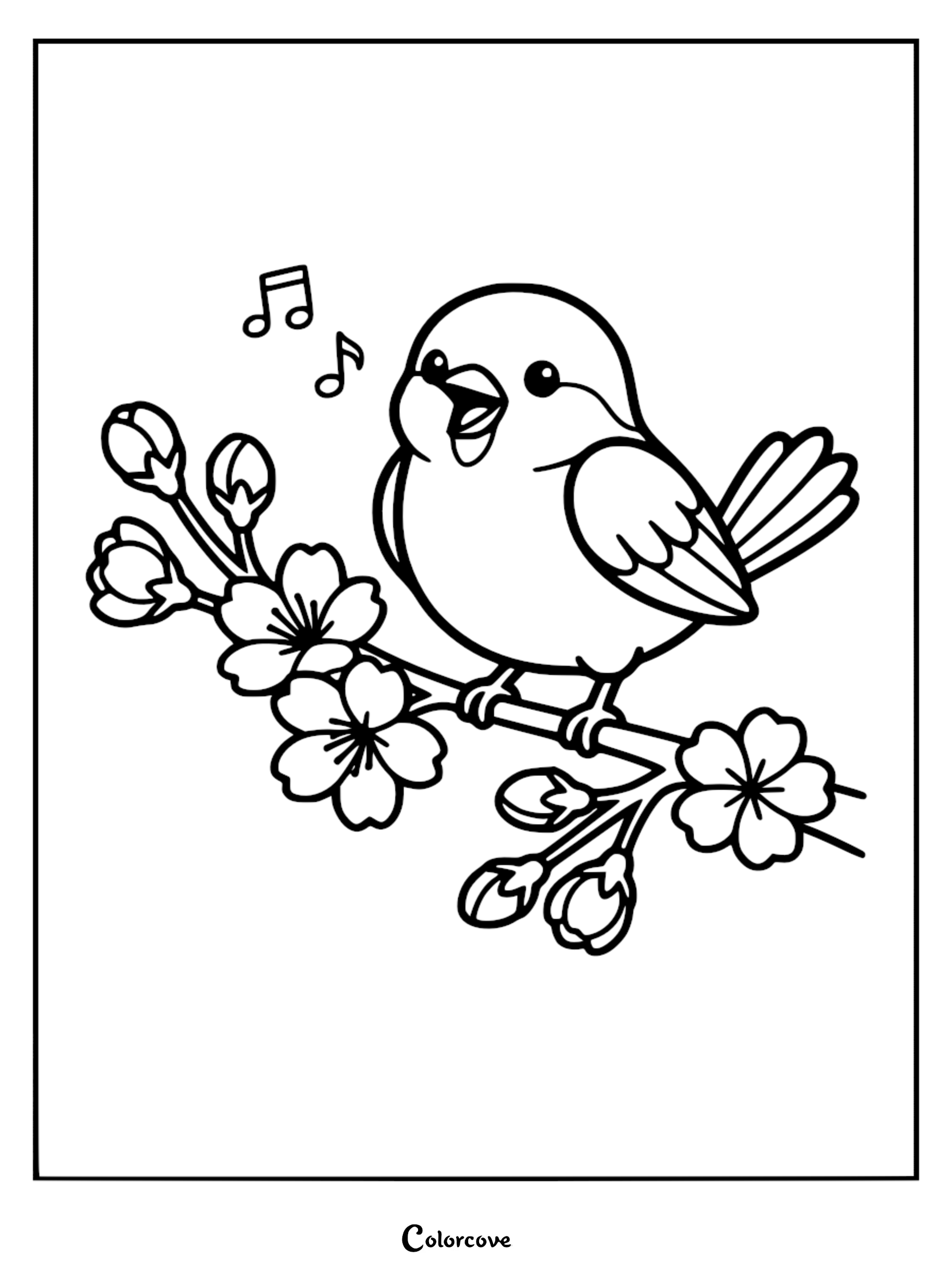 A detailed line art coloring page of a small bird with its beak open, perched on a branch with blooming cherry blossoms and musical notes.