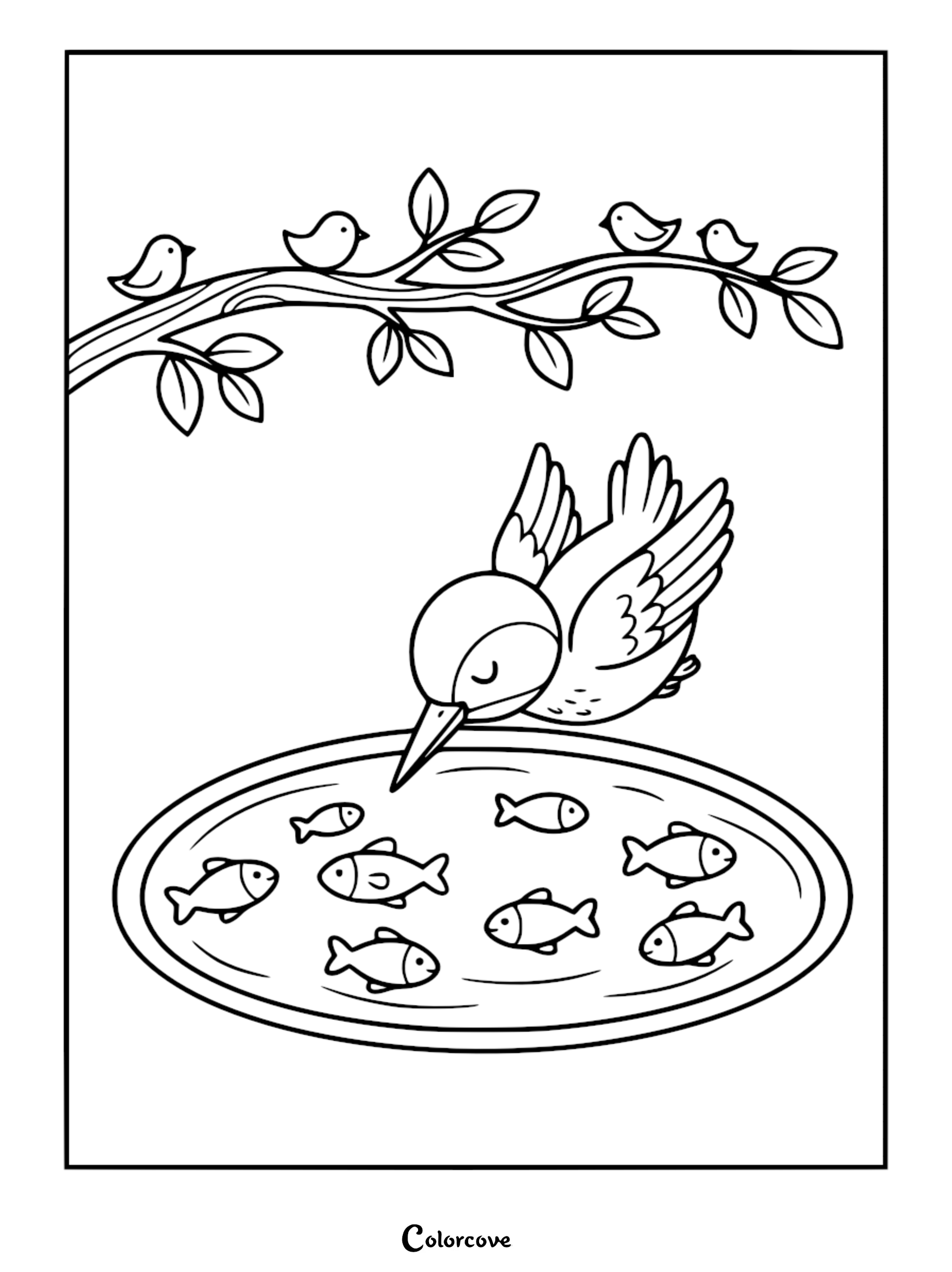 A detailed line art coloring page of a cute kingfisher bird diving toward a circular pond with eight small fish, under a leafy branch with tiny birds.
